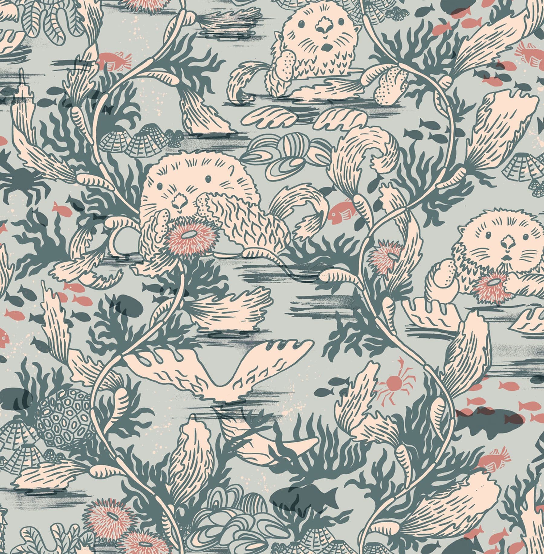 A digital repeat pattern print featuring otters in the sea among flowers, seaweed and fish. The colours include a light grey and orange.