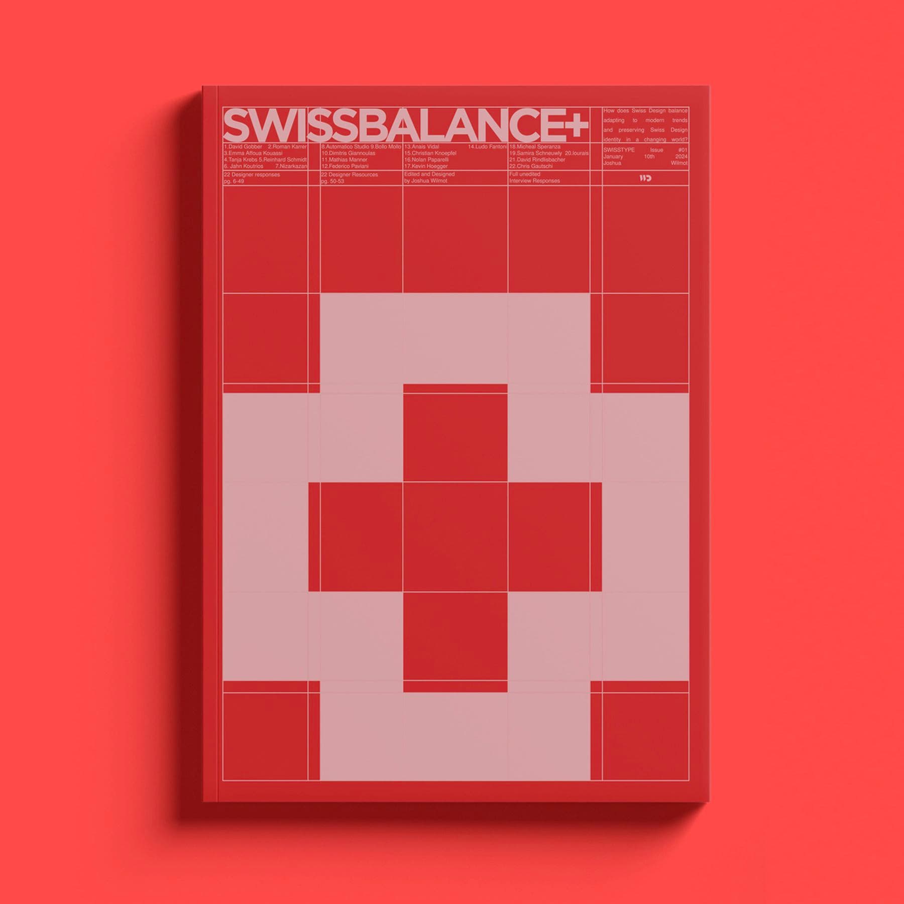 A red book titled Swissbalance+, with a light pink grid design and red cross from the Switzerland flag in the centre.