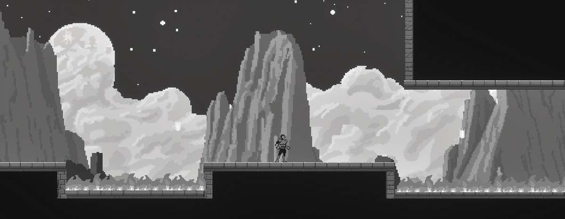 A black and white digital drawing of a platformer game scene with a small character wearing armour in the centre. In the background there is a starry night sky and a large cloud behind rocky mountains.