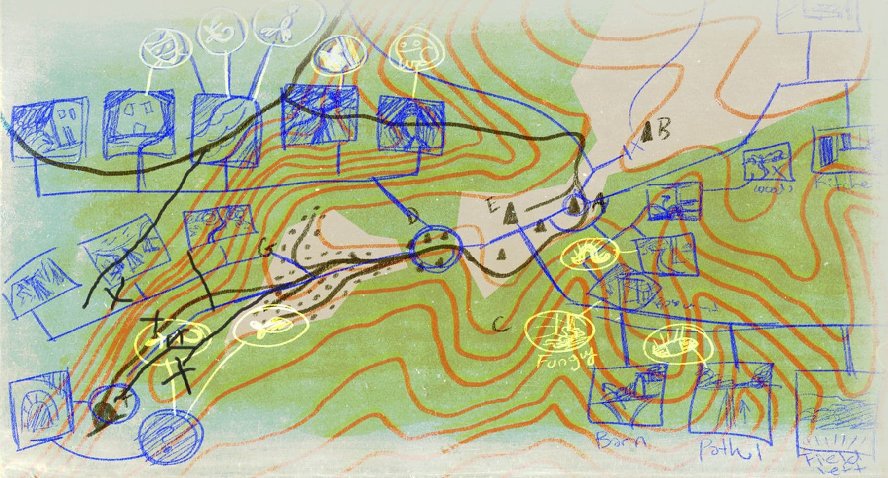 A hand drawing of a map layout with orange contour lines and a blue structure diagram showing a plan of where the houses are positioned. There are markings of a barn, field, path and fungus. Other icons include a fish and caterpillar.