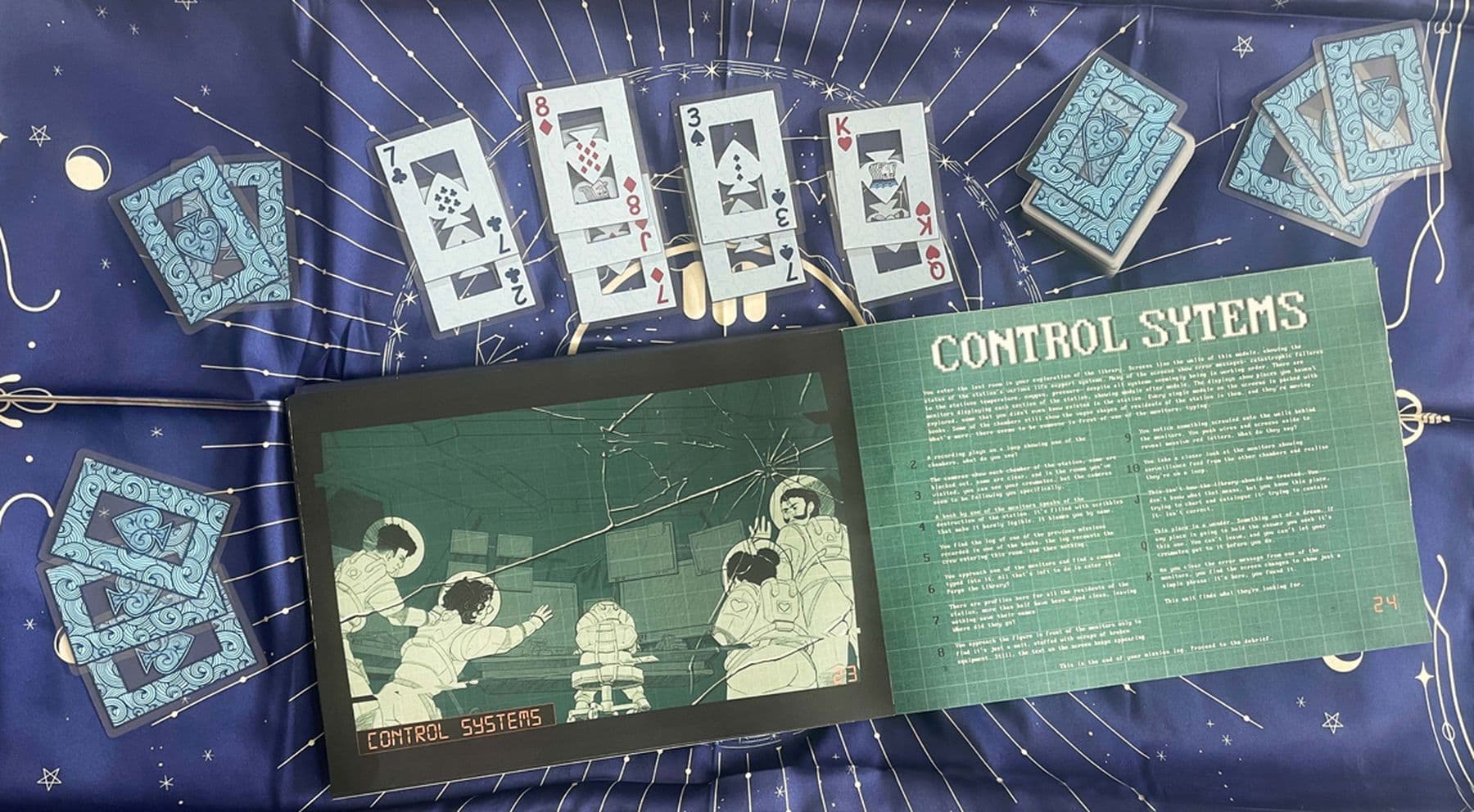 A photograph of an opened book and some playing cards on a blue tablecloth adorned with a star and circular pattern design. The title of the opened book page is Control Systems, some of the cards are facing down while others are upturned.