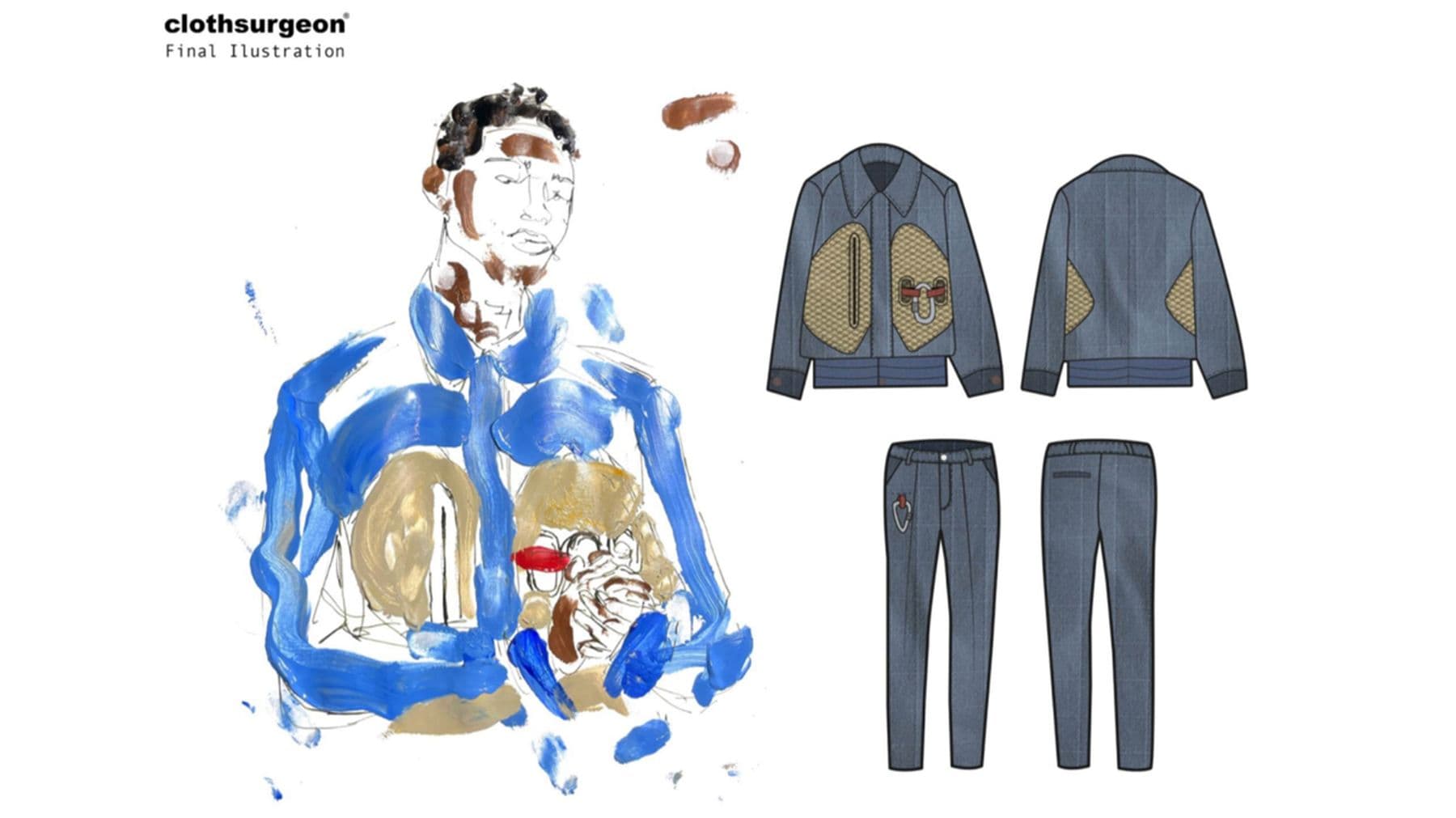 A collection of digital designs and paint drawing featuring a blue jacket with light grey pockets. The digital designs consist of grey suit jackets and formal trousers with a silver carabiner attached. There is light grey material surrounding the jacket pockets.