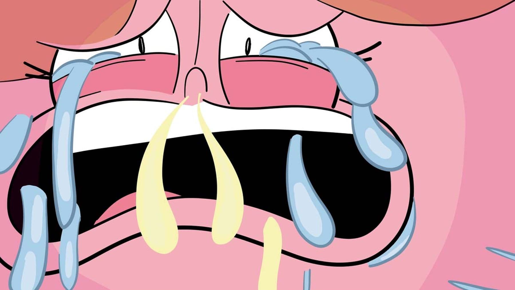 A close-up illustration of a person’s face wailing, with tears coming from their eyes and snot coming from their nose.