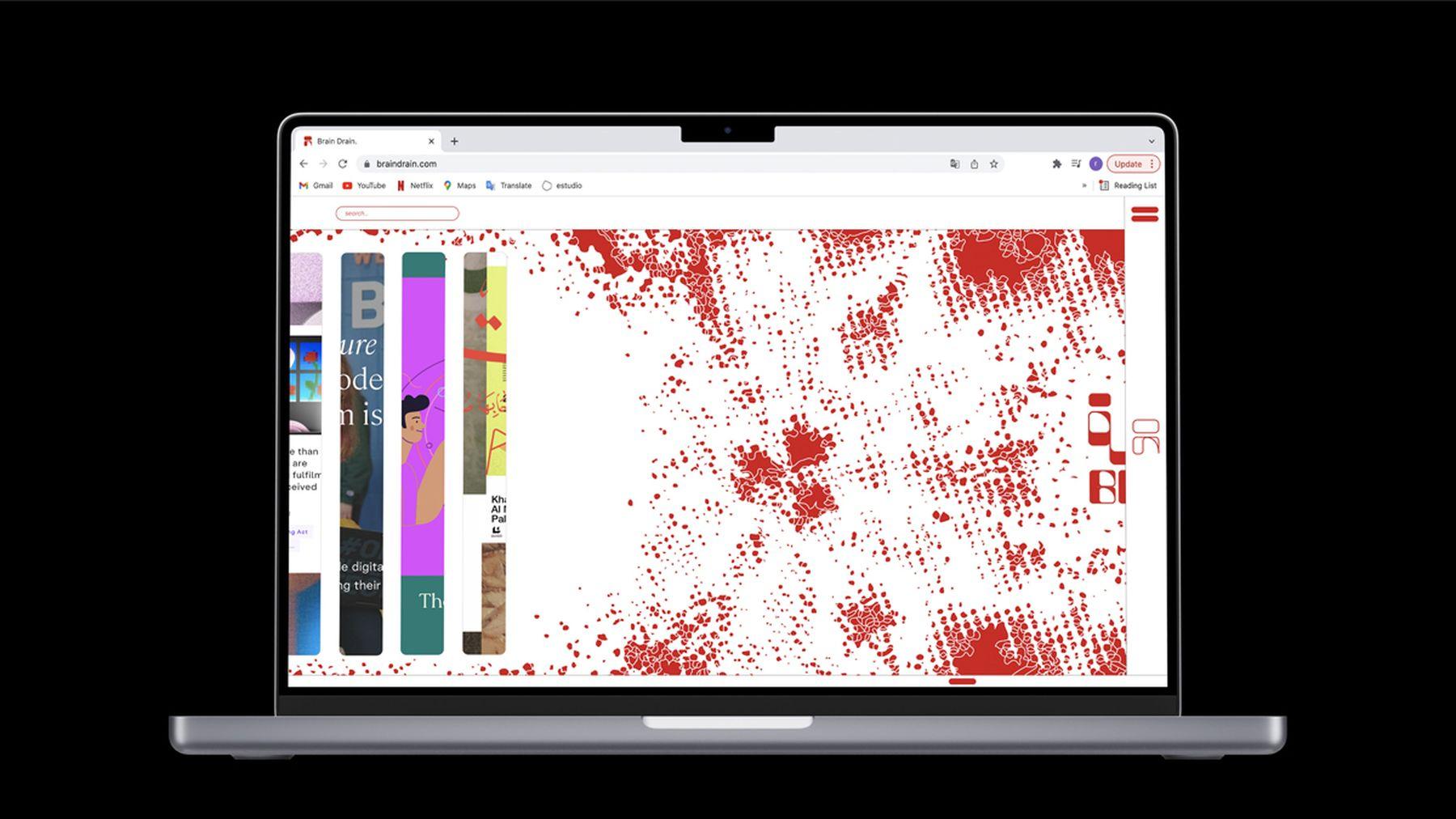 A digital image of a laptop screen showing a webpage design with red blotches on one side. On the left-hand side are four vertical strips in different colours with writing and images.