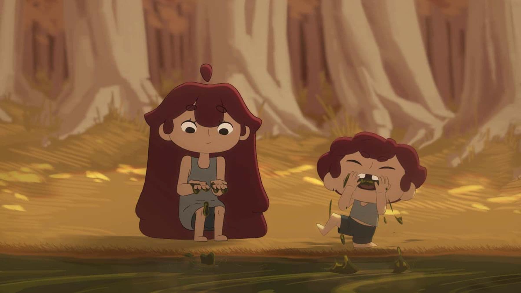 An animated scene of two young characters in front of a swamp-like body of water. One character has long red hair and is holding some of the swampy water in their hands. The other character has short red curly hair and kneels and is shovelling the swampy water into their mouth.