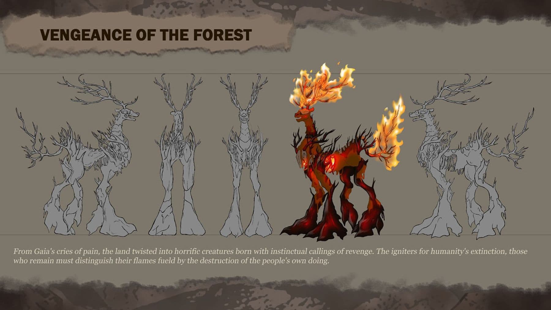Concept art of a fiery, tree-like creature titled 'Vengeance of the Forest', surrounded by sketches of its form and growth.