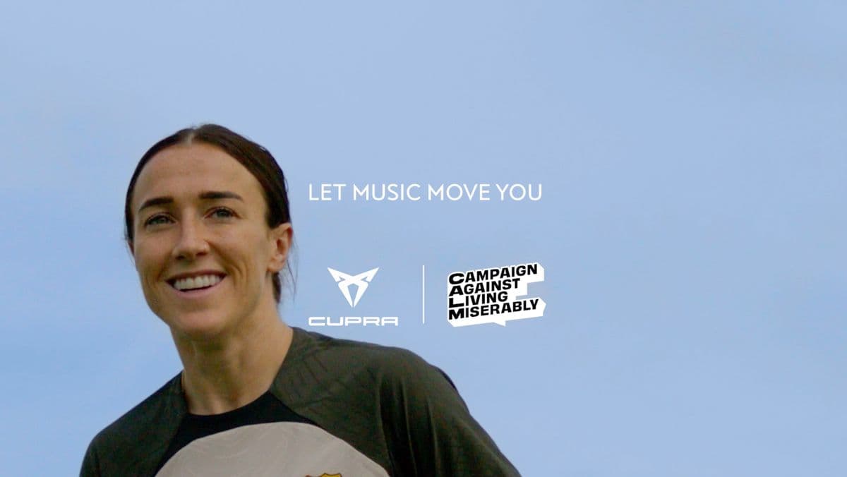 Image of professional footballer Lucy Bronze smiling next to the brand logos for CUPRA and CALM