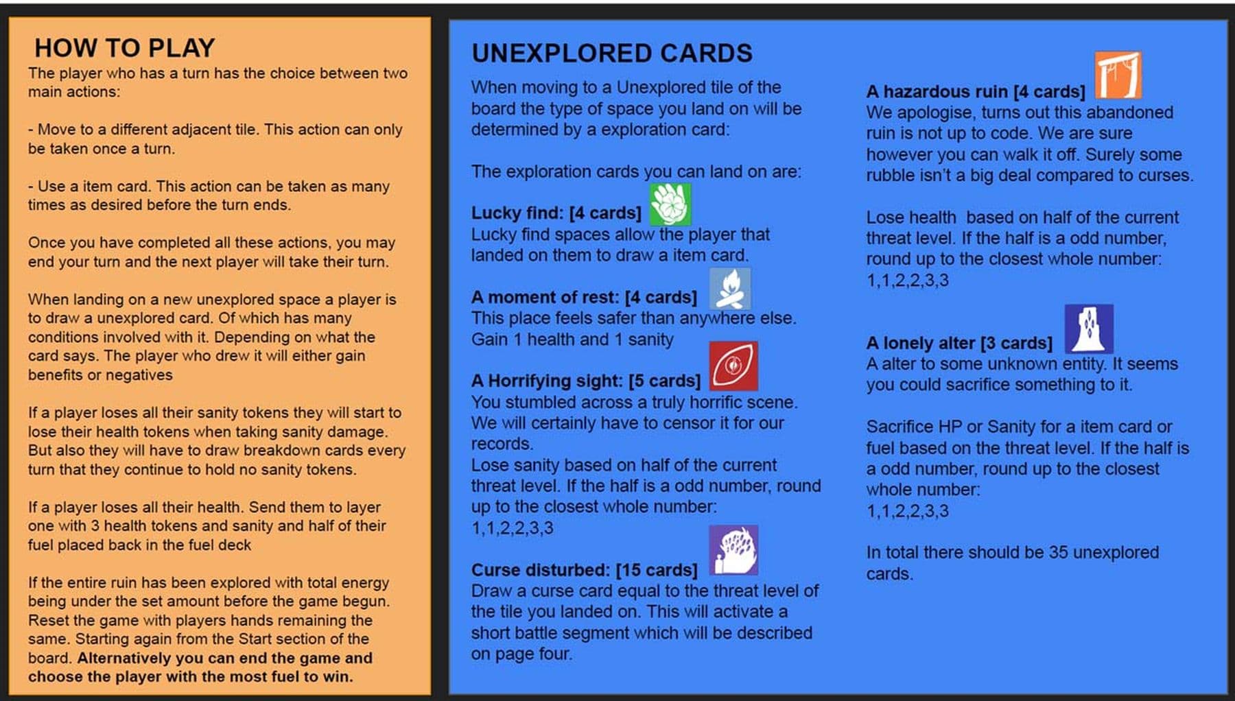 A digital game instructions manual with two sections. The first section, titled How to Play, has an orange background and lists the steps to play the game. The second section, titled Unexplored Cards, features a dark blue background and provides detailed explanations of each card.