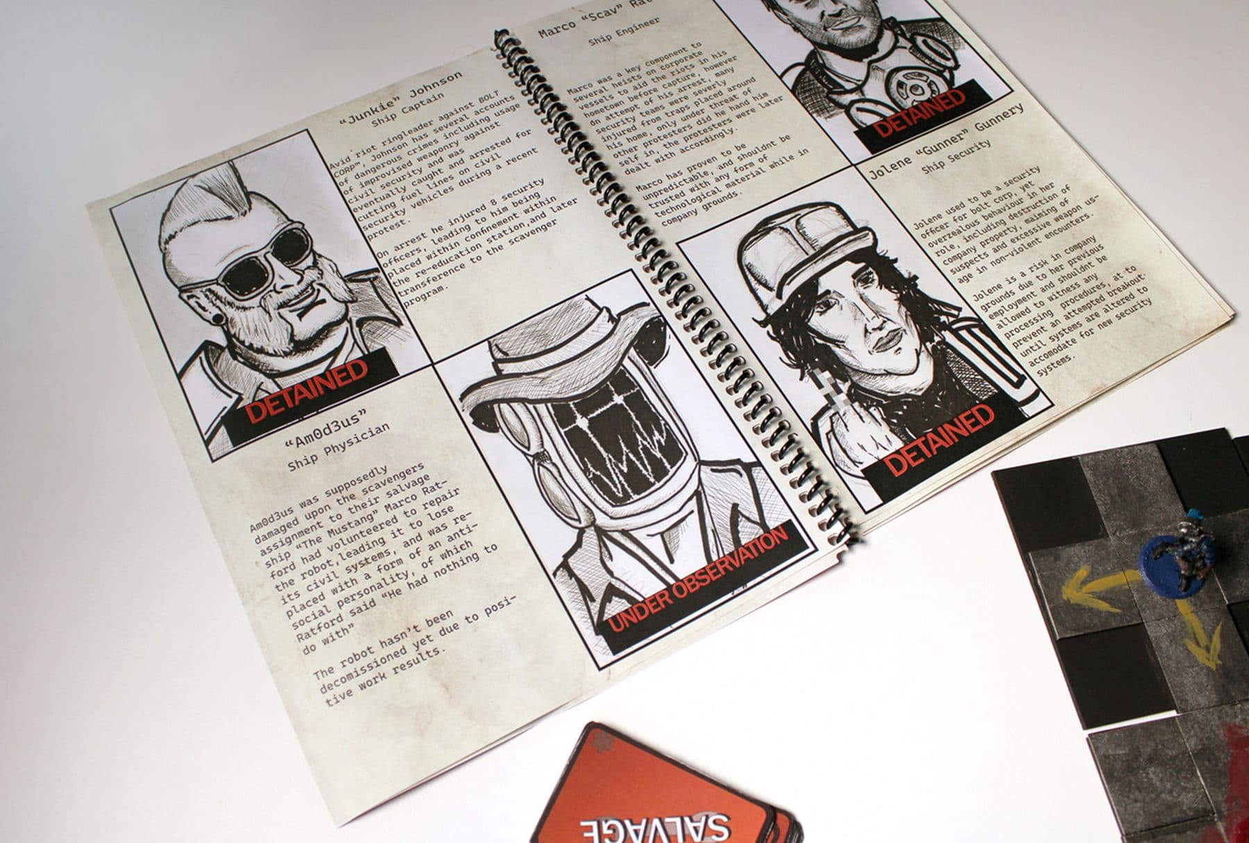 An image of an open spiral-bound book with illustrated profiles of four individuals, some marked 'Detained' and one marked 'Under Observation'.