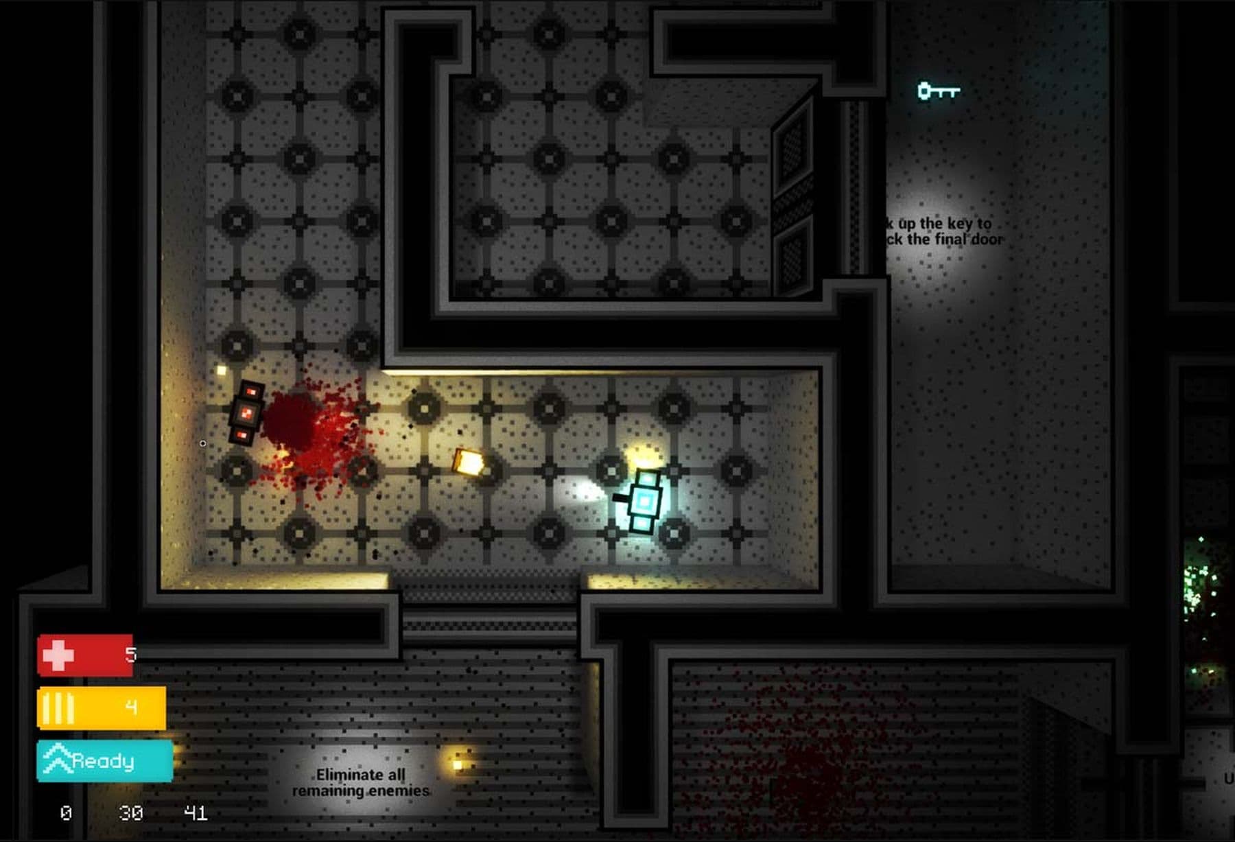 A digital overhead view of a game scene featuring a maze on tile flooring. In the maze, two square characters face each other, with a bloodstain near the one on the left. In the top right corner there is a key, and in the left corner text reads: Eliminate all remaining enemies.