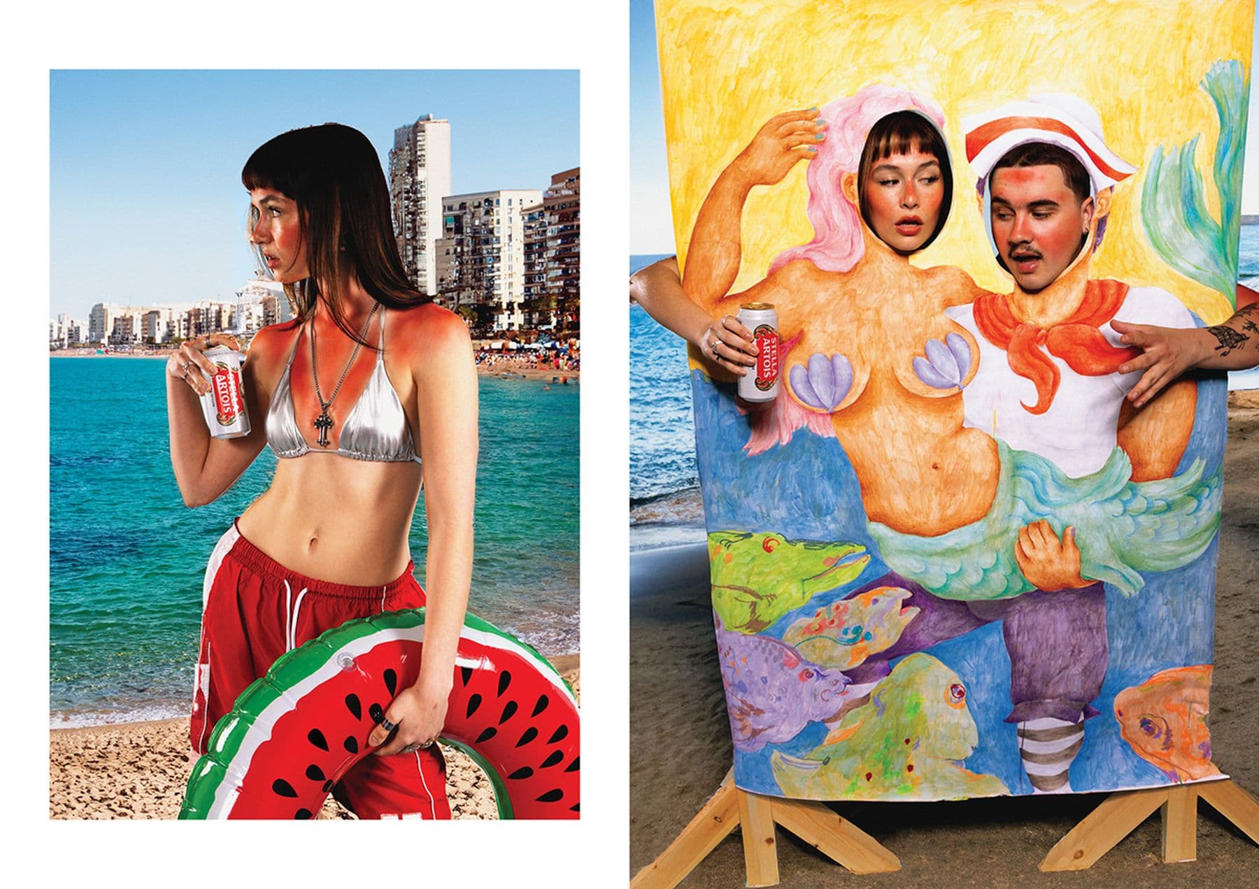 Two side-by-side photographs featuring a person at the beach with a watermelon float and a couple posing behind a mermaid-themed cutout holding cans.