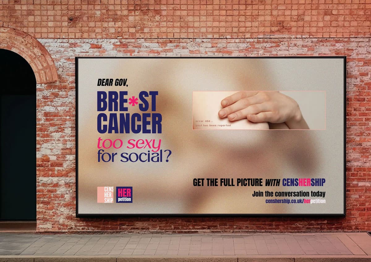 Billboard questioning social media censorship of breast cancer awareness, featuring censored image and bold text challenging perceptions.