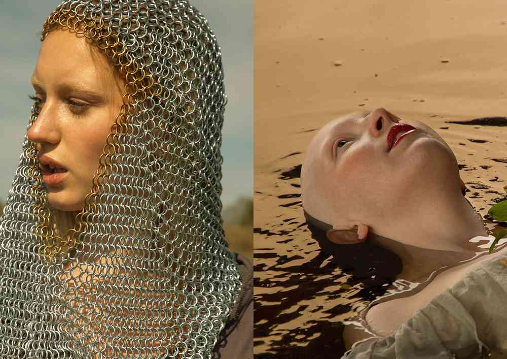Two side-by-side photographs: a person in chainmail with a serious expression, and a person floating in water with their head tilted back.