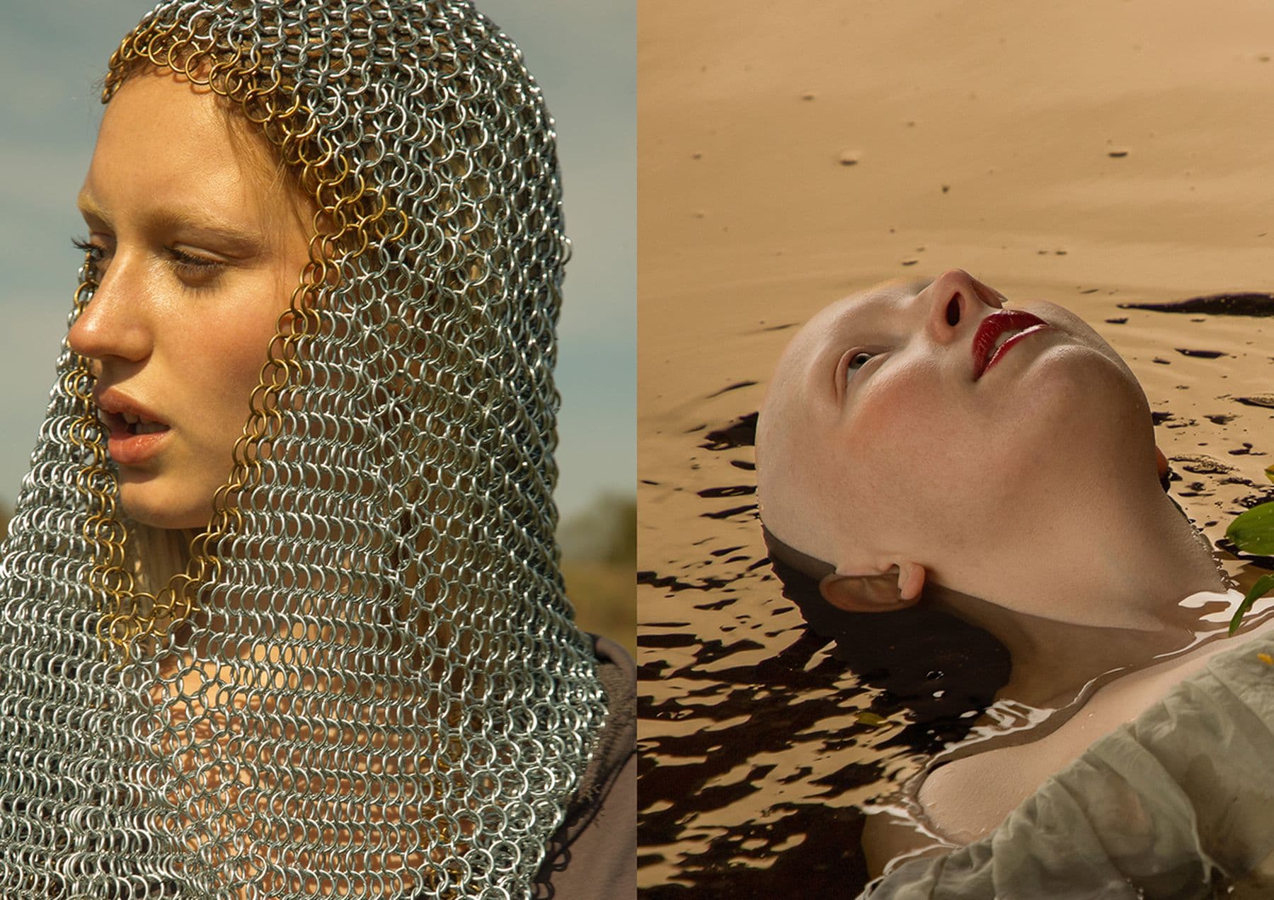 Two side-by-side photographs: a person in chainmail with a serious expression, and a person floating in water with their head tilted back.