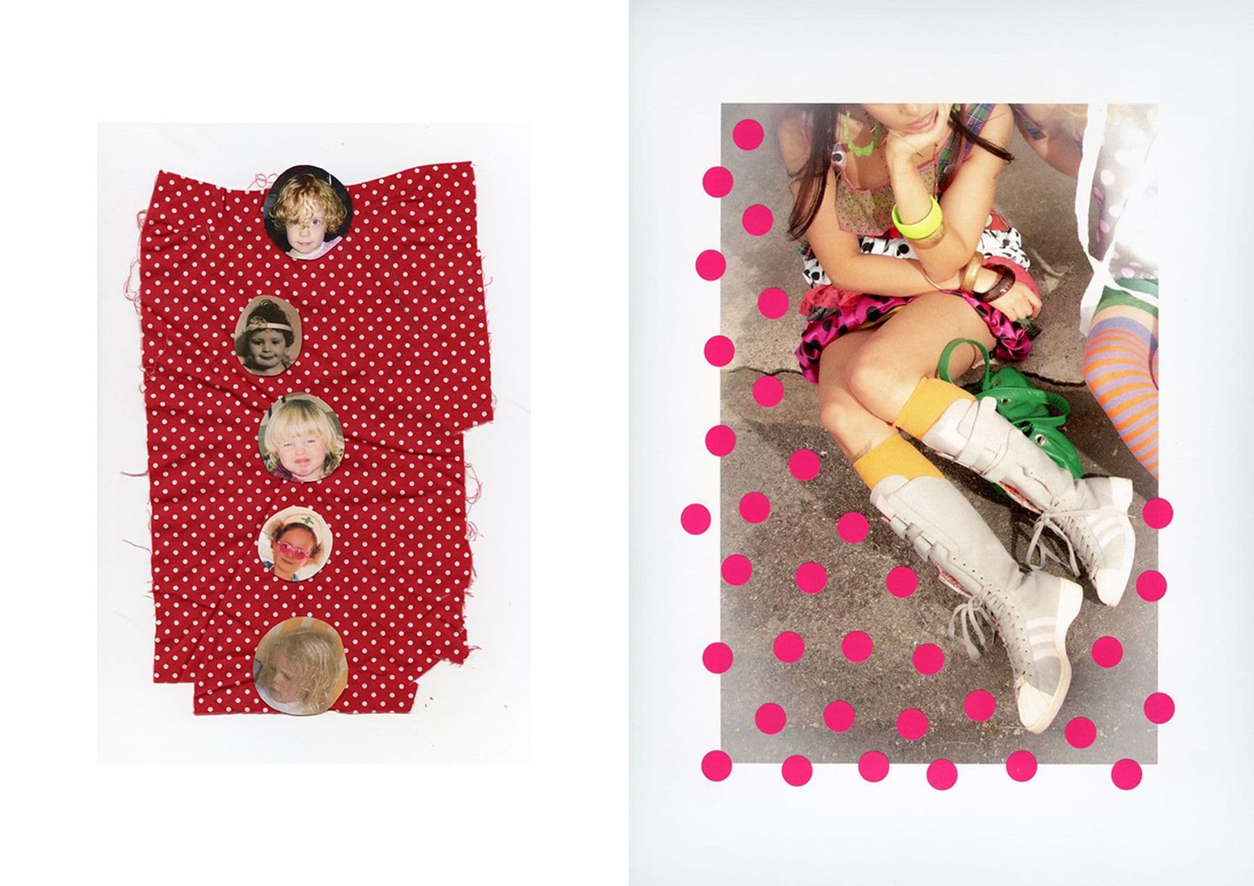 A collage with circular childhood photos on a red polka-dot fabric on one side and a person wearing a colourful outfit and knee-high boots, surrounded by pink dots on the other side.