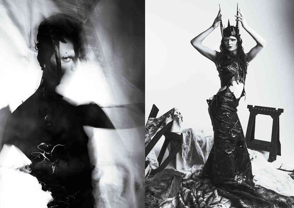 Two side-by-side black-and-white portraits.  The left shows an abstract silhouette and the right shows a person in an avant-garde outfit and crown.