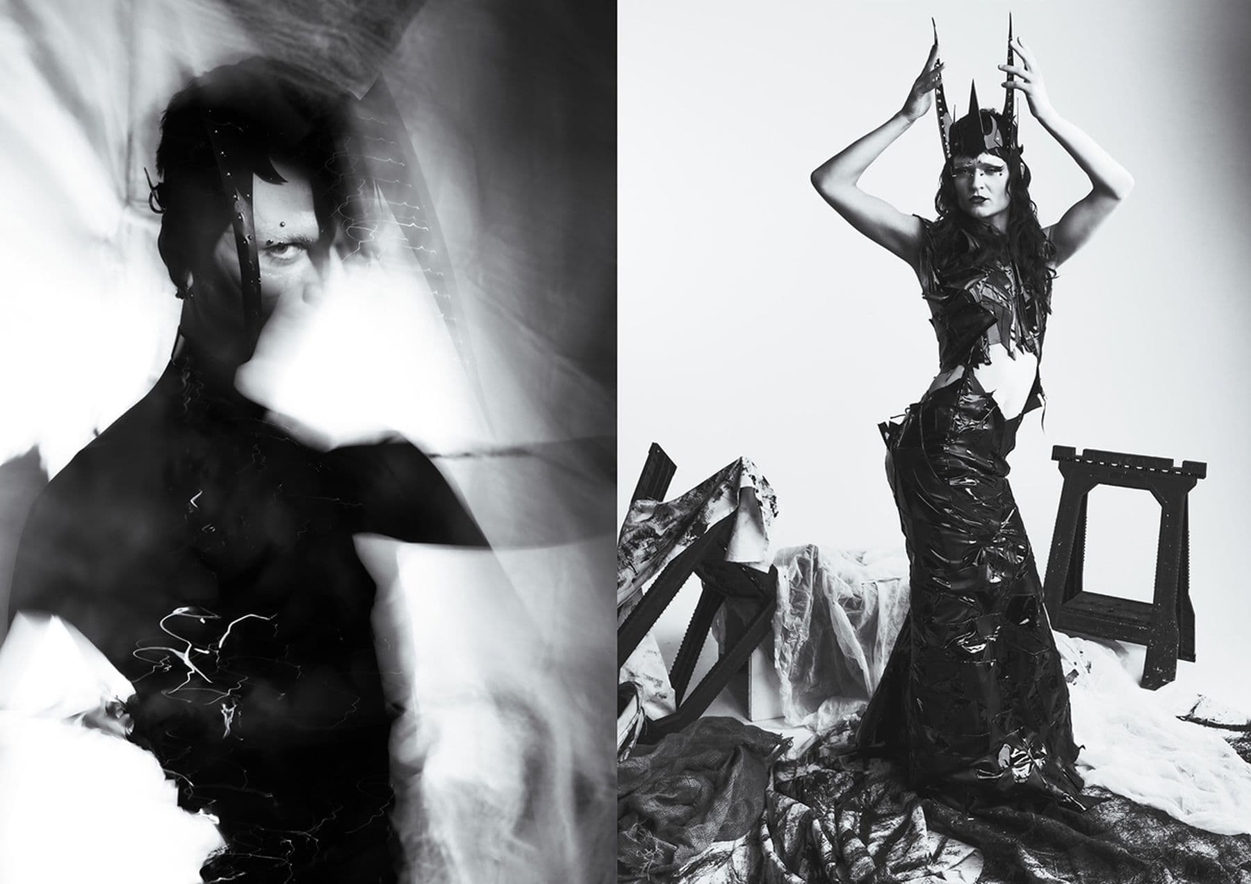 Two side-by-side black-and-white portraits.  The left shows an abstract silhouette and the right shows a person in an avant-garde outfit and crown.