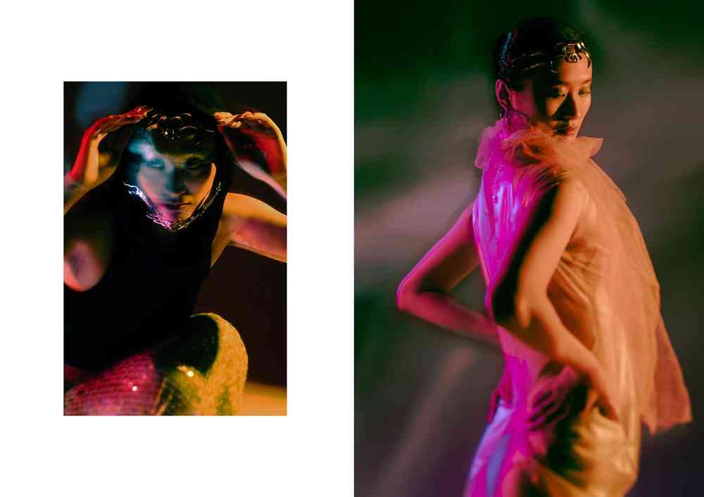 Two side-by-side photos of a model, one with a headpiece and the other with a headband and a beige, ruffled, leather dress.