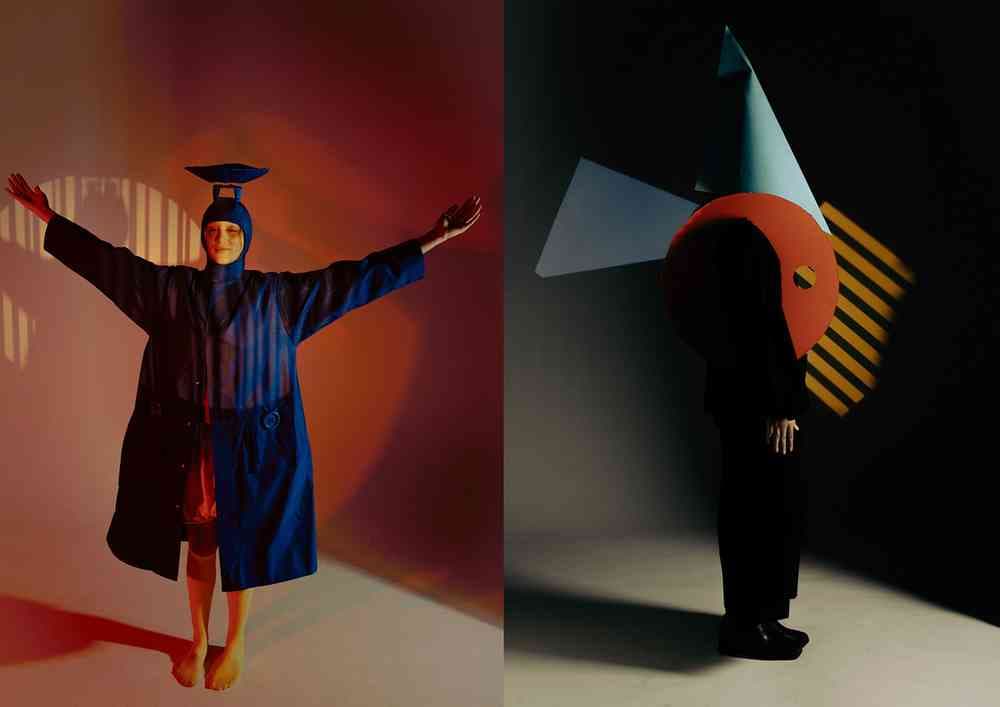 Two side by side photographs of people in artistic costumes: one in a blue outfit with a hat and the other in a geometric costume with a red circle and blue cone.