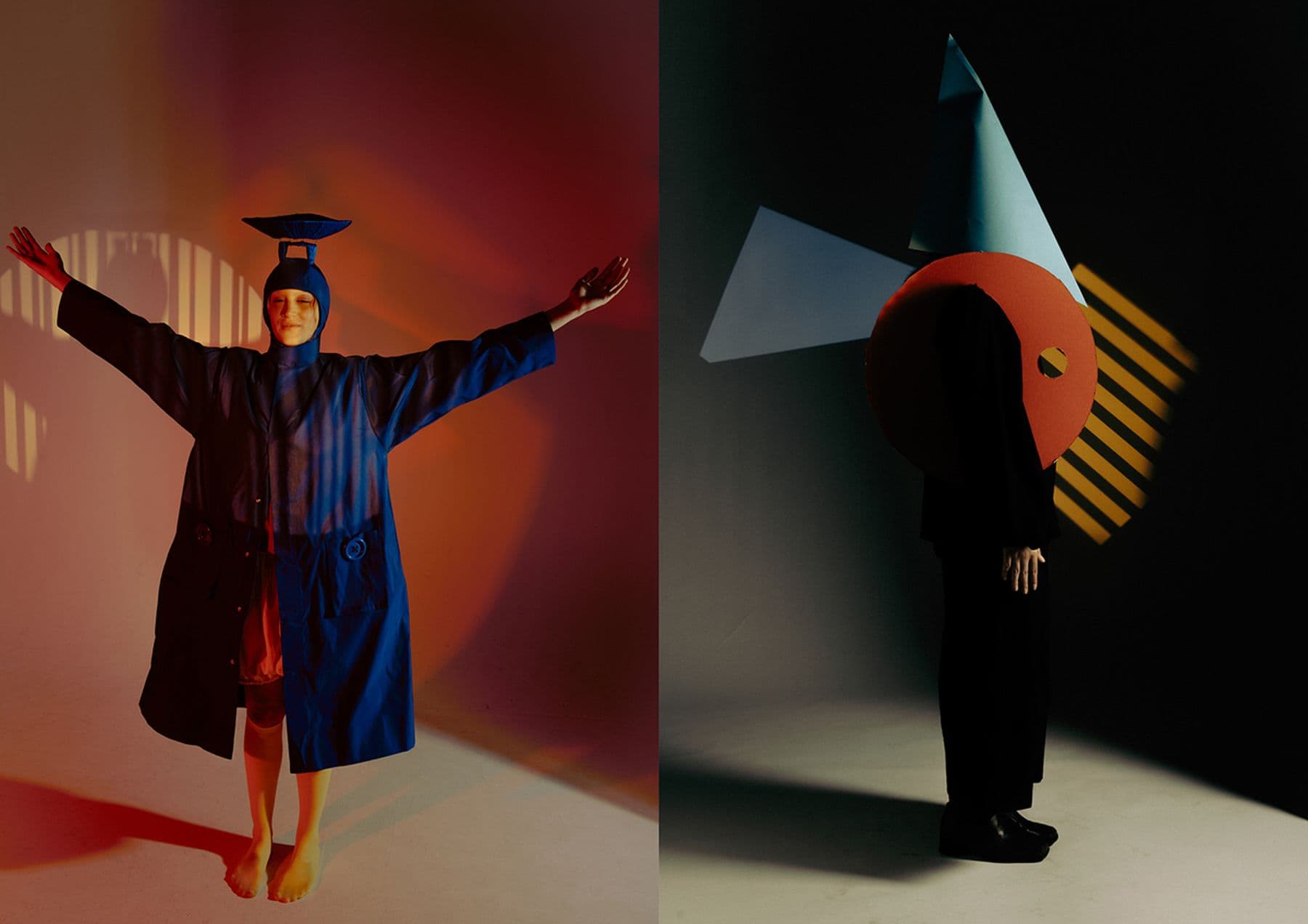 Two side by side photographs of people in artistic costumes: one in a blue outfit with a hat and the other in a geometric costume with a red circle and blue cone.
