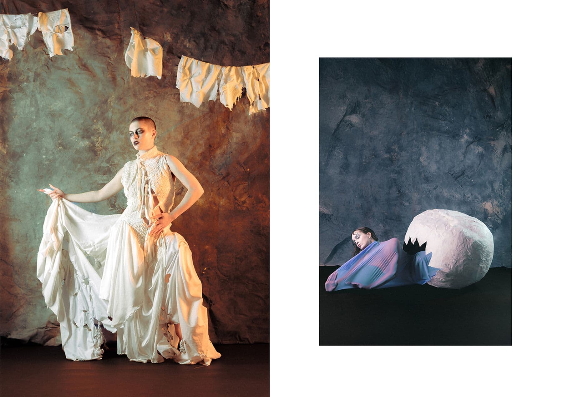 Two side-by-side photographs: one a person in an ornate white dress, next to a photograph of a person wrapped in purple fabric lying beside a large cracked egg shape.