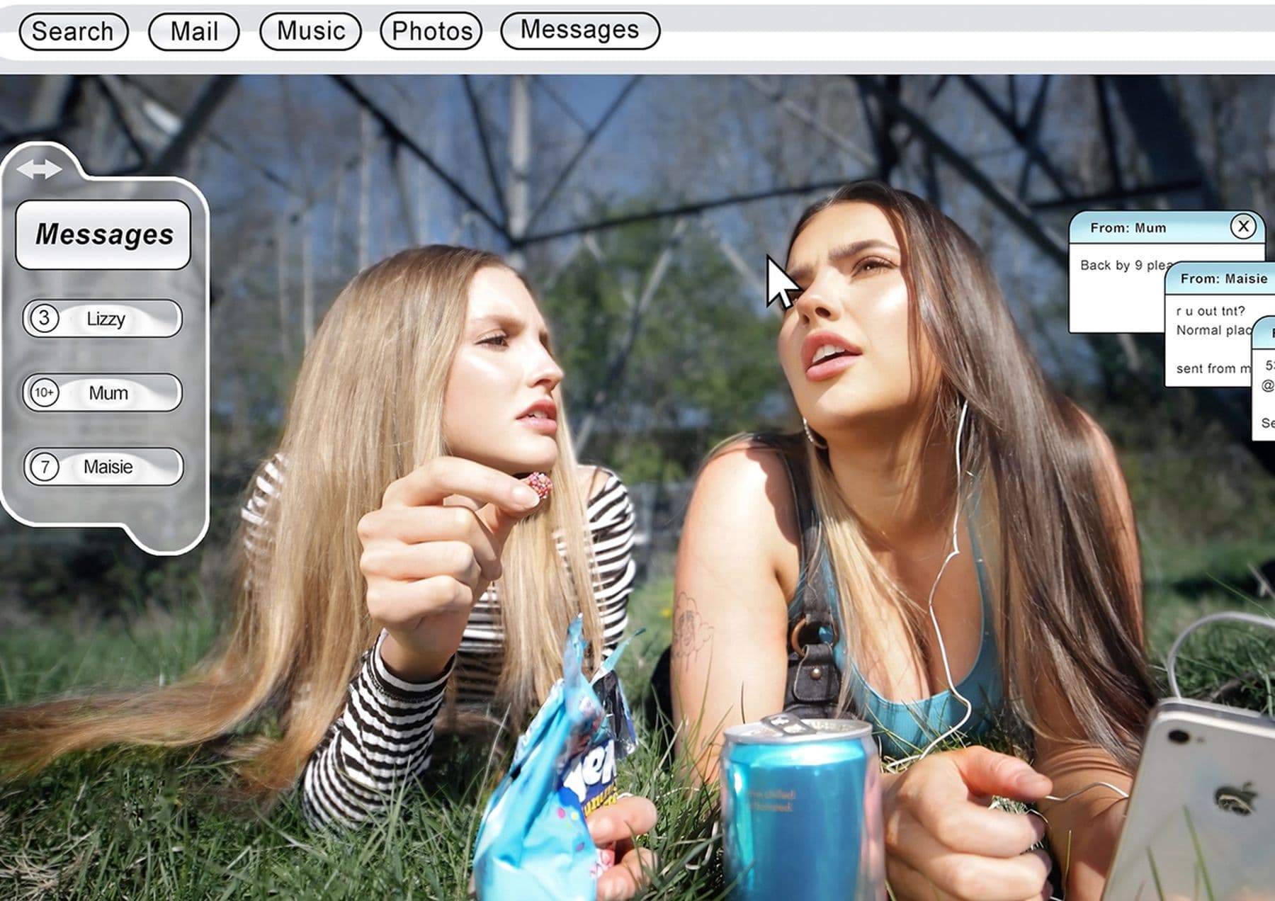 A screenshot of a messenger app featuring two people lying on grass with snacks and a blue drinks can.