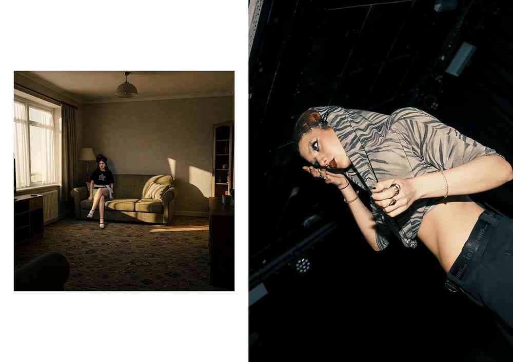 Two side-by-side photographs: one of a person seated on a couch in low light, the other of a person wearing a patterned hooded top..
