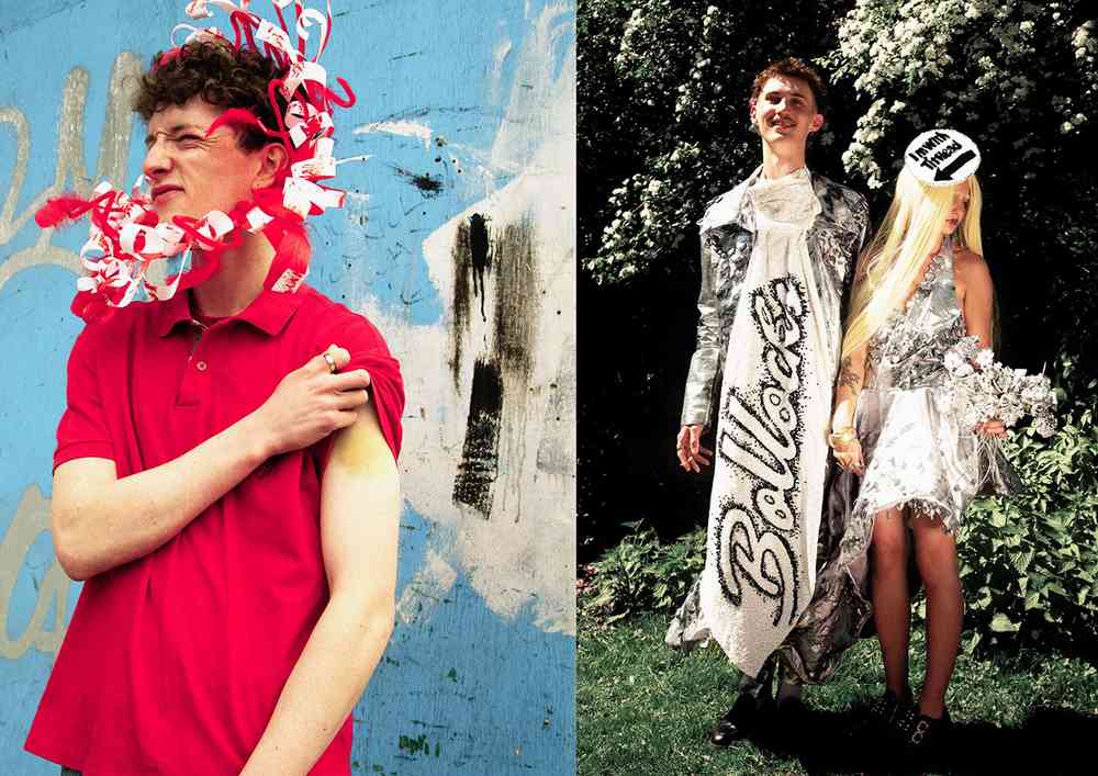 Two side by side photographs: the first one featuring a person wearing a red shirt with red and white ribbons around their head. The next photo features two  people in white and black avant-garde outfits.