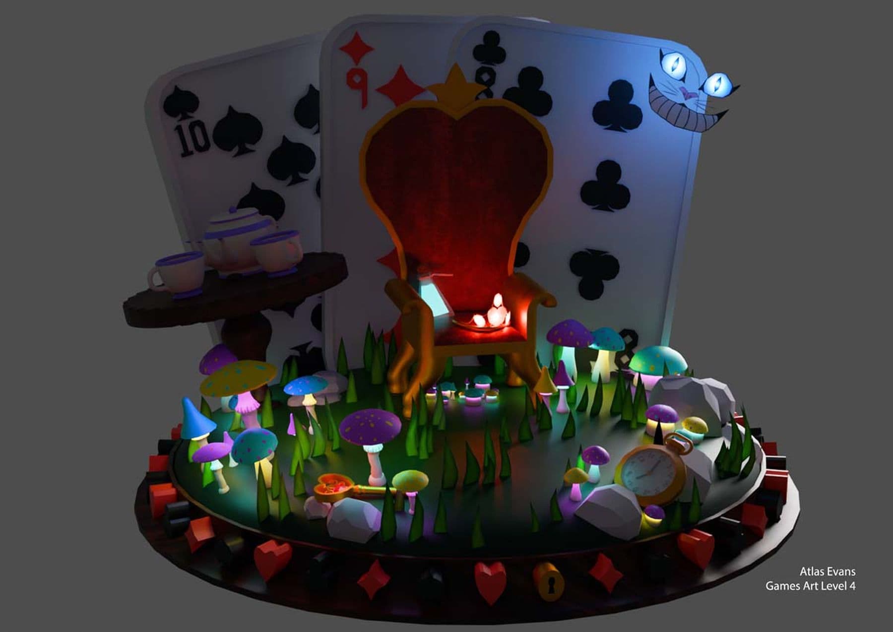 A digital drawing of a circular Alice in Wonderland set, featuring a heart-shaped throne, three large playing cards, and the Cheshire Cat’s grin. Next to the throne is a table with a teapot and cups, while grass, toadstools, and a golden pocket watch decorate the floor, all framed by black and red diamond shapes.