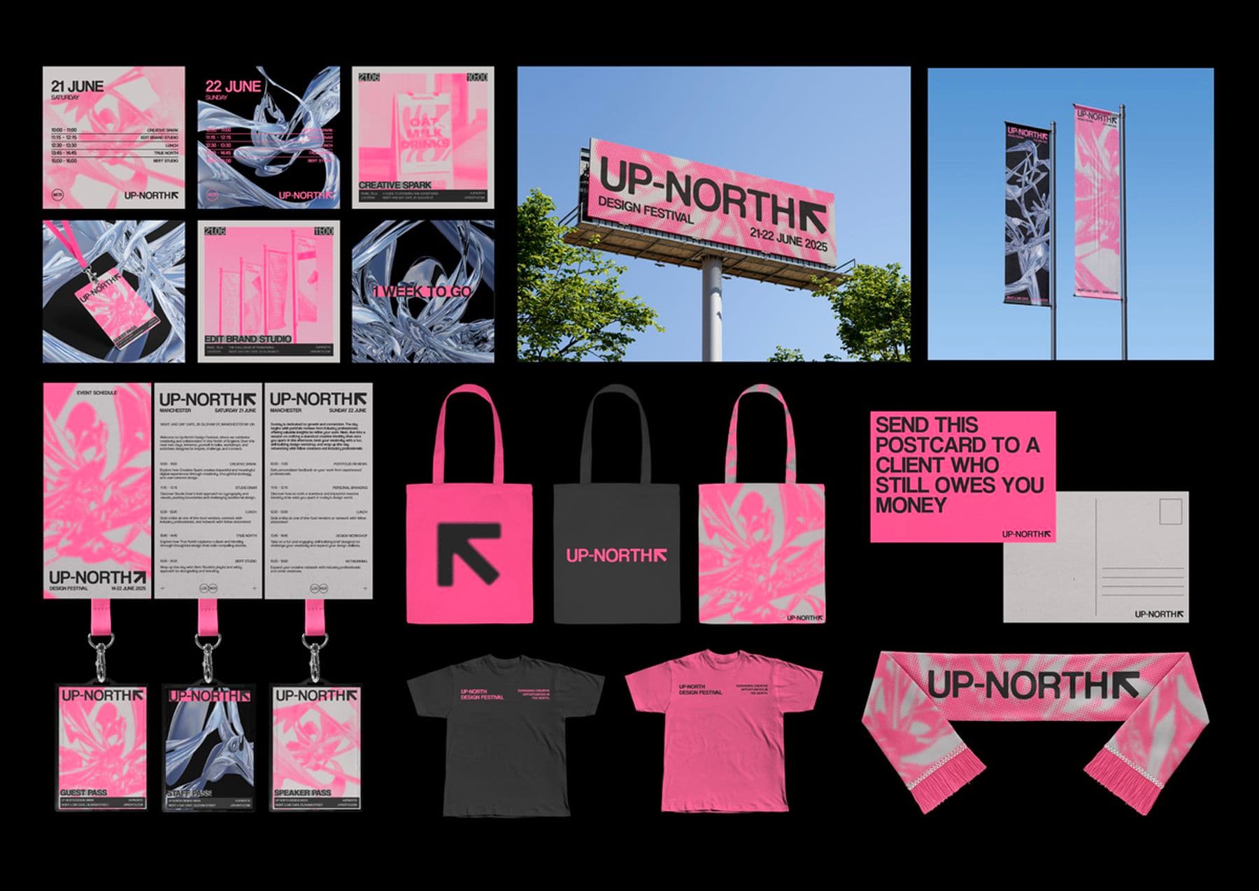 A mock-up of pink and black promotional items including t-shirts, tote bags, lanyards, postcards and banners. The text on the items is bold and uppercase and reads: Up North.