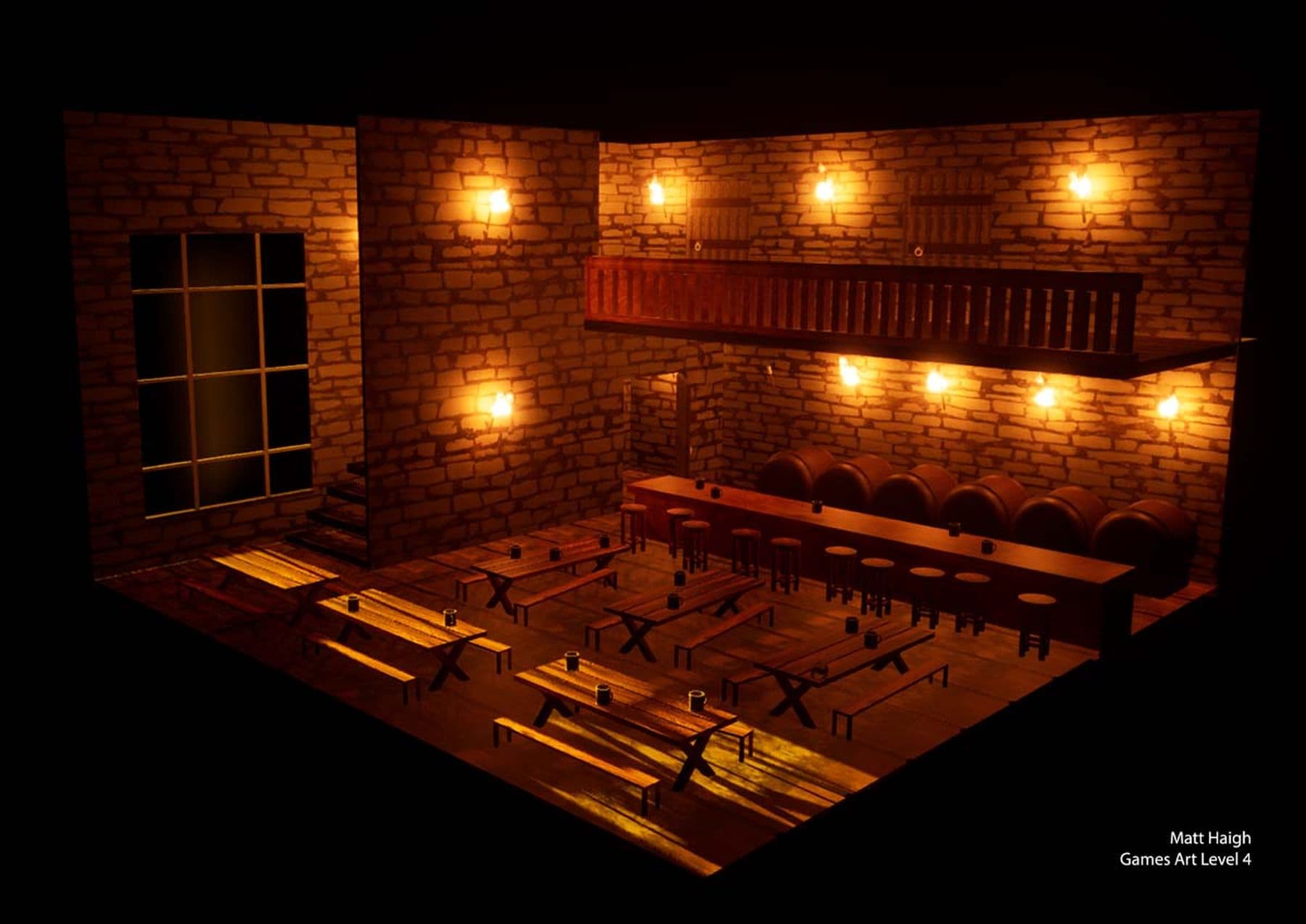 A digital drawing of a spacious beer hall with brick walls, softly lit by fire torches. One side features a large bench, while the opposite side has a row of smaller benches with metal tankards on top.