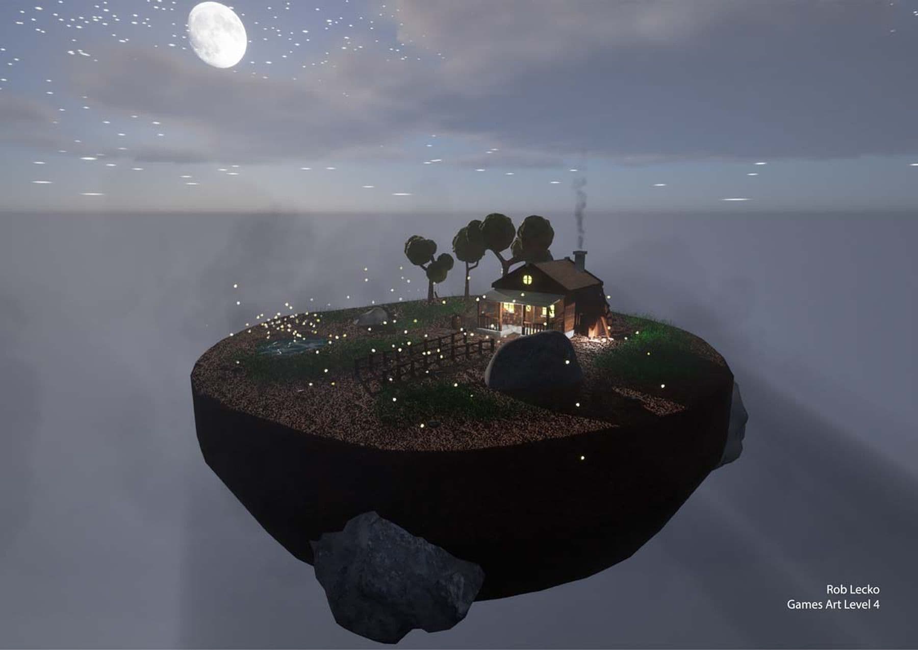 A digital drawing of a circular island floating in a cloud-filled sky, with the moon visible. Below, a vast grey expanse stretches out. The island features a wooden cabin surrounded by trees, bushes, and rocks, with small circles of light scattered around.