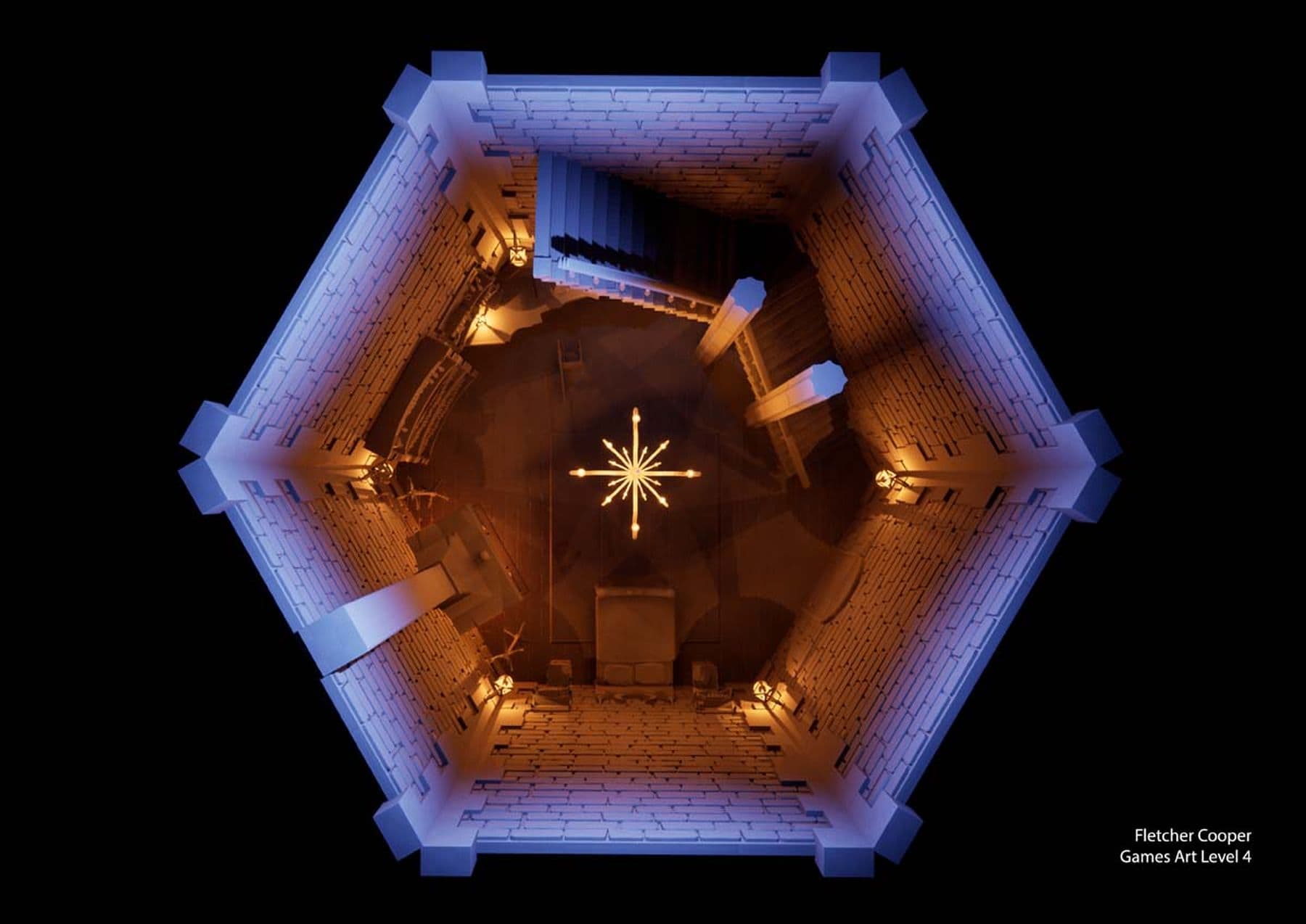 An overhead digital drawing of a chamber within a hexagonal tower, showcasing a staircase, a star-shaped light centerpiece, soft wall lighting, a large bed, and a cupboard.