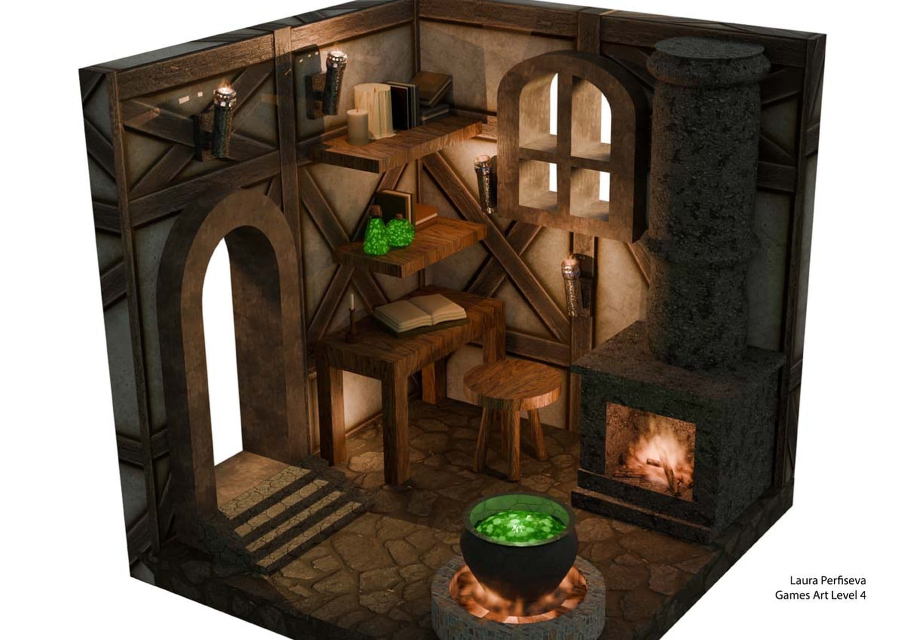 A digital drawing of a cottage-style room, featuring a desk in the corner with a book on top and shelves above. Nearby, there is a fireplace with a cauldron full of bubbling green liquid beside it. In the corner, a set of stairs leads to an open doorway.