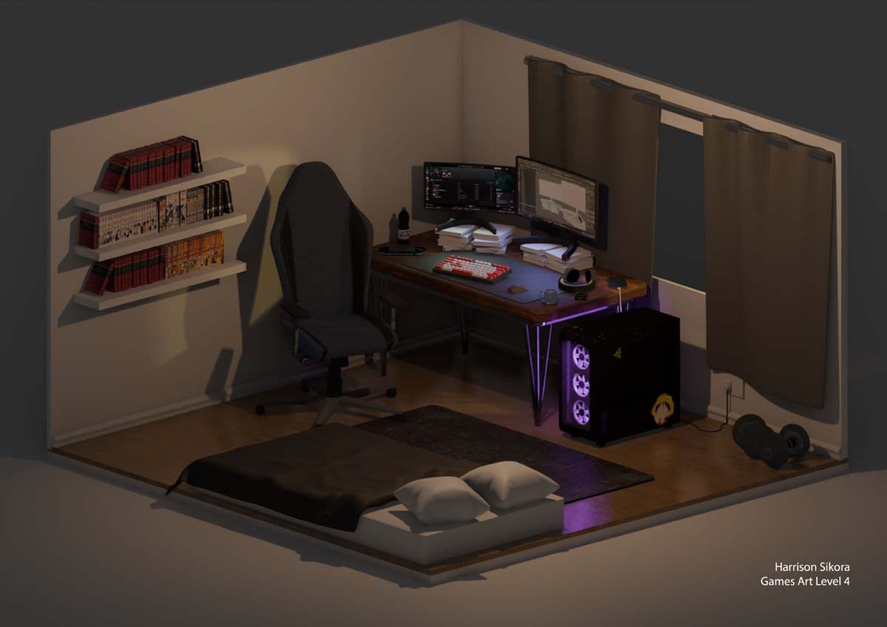 A digital drawing of a bedroom with a mattress, blanket, and pillows in one corner and three bookshelves opposite. A rug lies near a desk with a keyboard, mouse, headphones, and two monitors. A large speaker with purple lights sits beside the desk, while brown curtains frame the window.