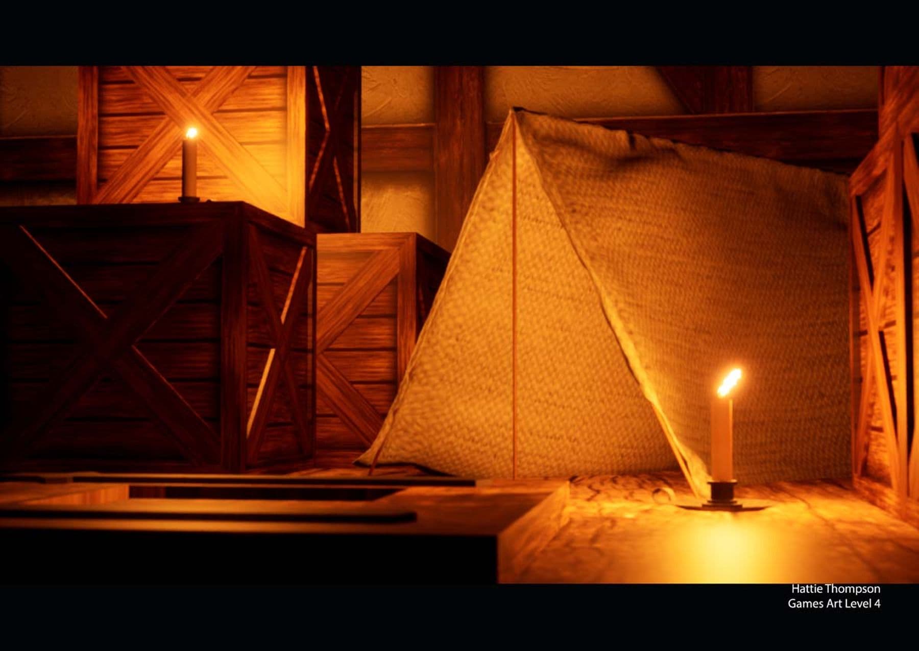 A digital drawing of a cloth teepee propped by a stick, nestled between stacked wooden boxes. Two candles flicker in an iron holder beside it.