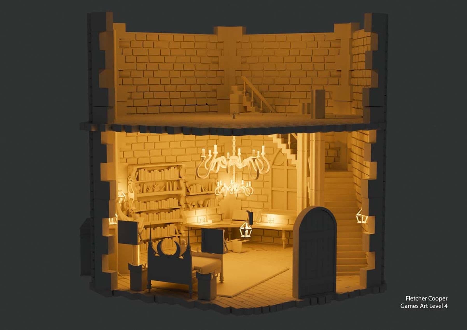 A digital drawing of a white bedroom with an upstairs floor surrounded by brick walls. The lower level includes a bed, bookshelf, and desk, with two chandeliers hanging from the ceiling, while a staircase leads to an empty upper floor.