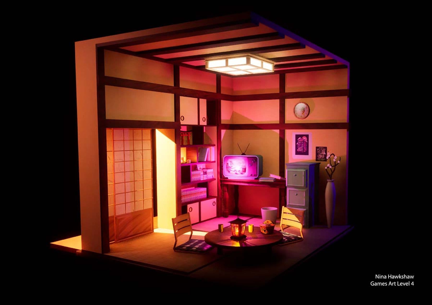 A digital drawing of a room with panelled sliding doors, featuring a central wooden table and chairs with a lantern on top. Nearby, a television sits beside bookshelves, while a large vase of cherry blossoms and a cabinet are on the opposite side.