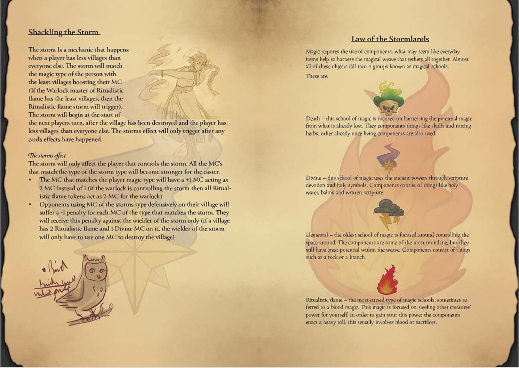 A digital game manual with a parchment-style background, divided into two sections. The first section, titled Shackling the Storm, explains the storm and its effects on the gameplay. The second section, titled Law of the Stormlands, details the four laws—Death, Divine, Elemental, and Ritualistic Flame—each accompanied by small illustrations.