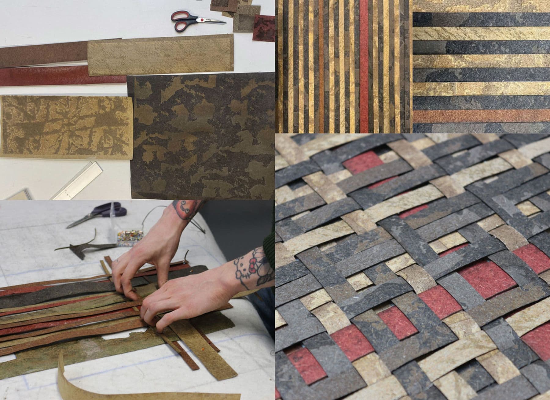Various stages of paper weaving, showing materials, cutting strips, and intricate woven designs in earthy tones.