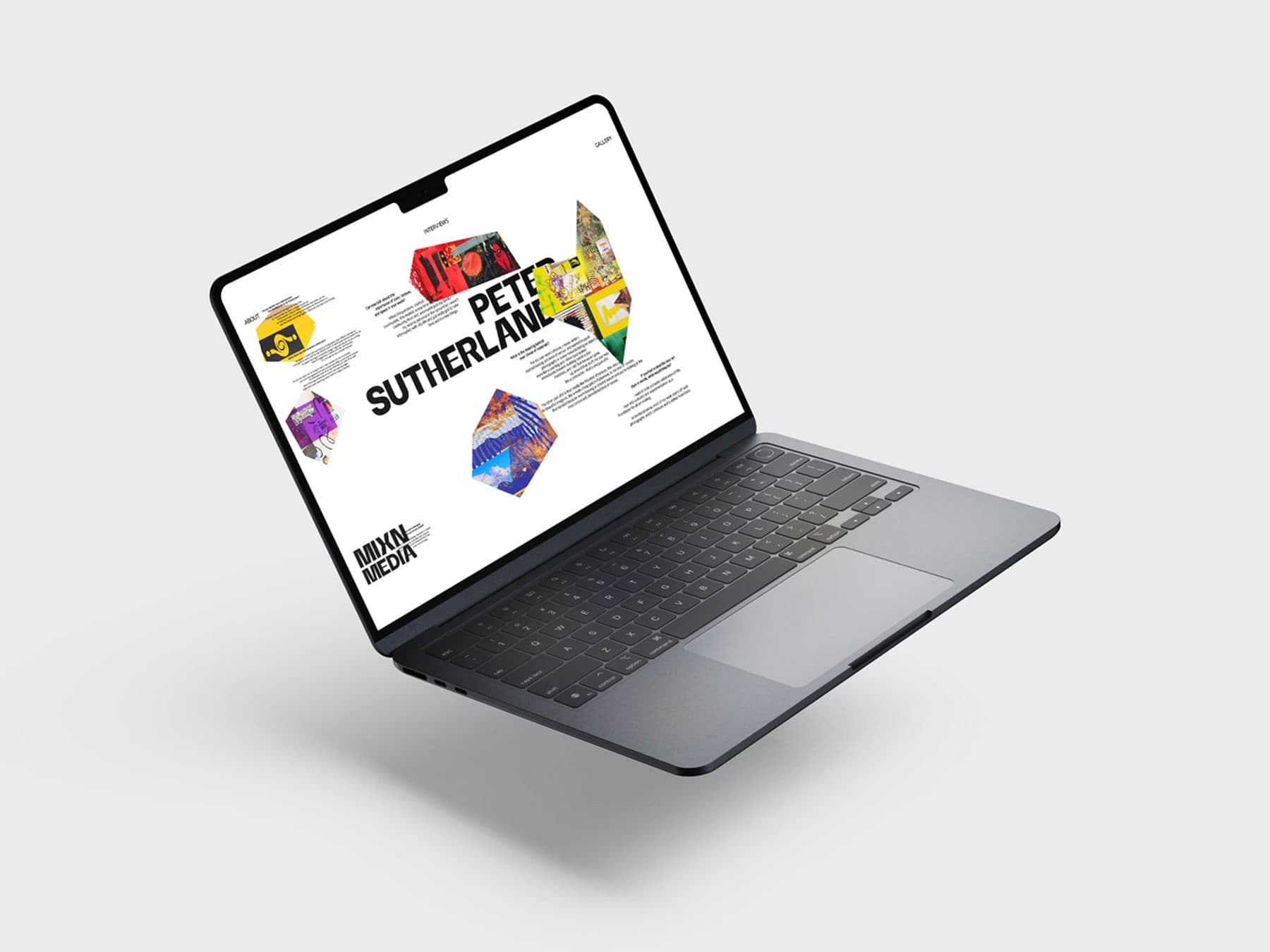 An image featuring an open laptop displaying a web page with colourful geometric designs and text. The screen features the name: 'Pete Sutherland' and in the bottom left-hand corner is text that reads: 'Mixin Media'.