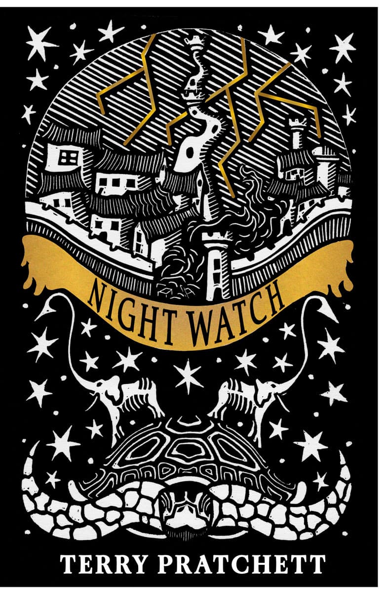 Illustrated book cover for "Night Watch" by Terry Pratchett, featuring a city skyline, lightning, stars, and a turtle with elephants.