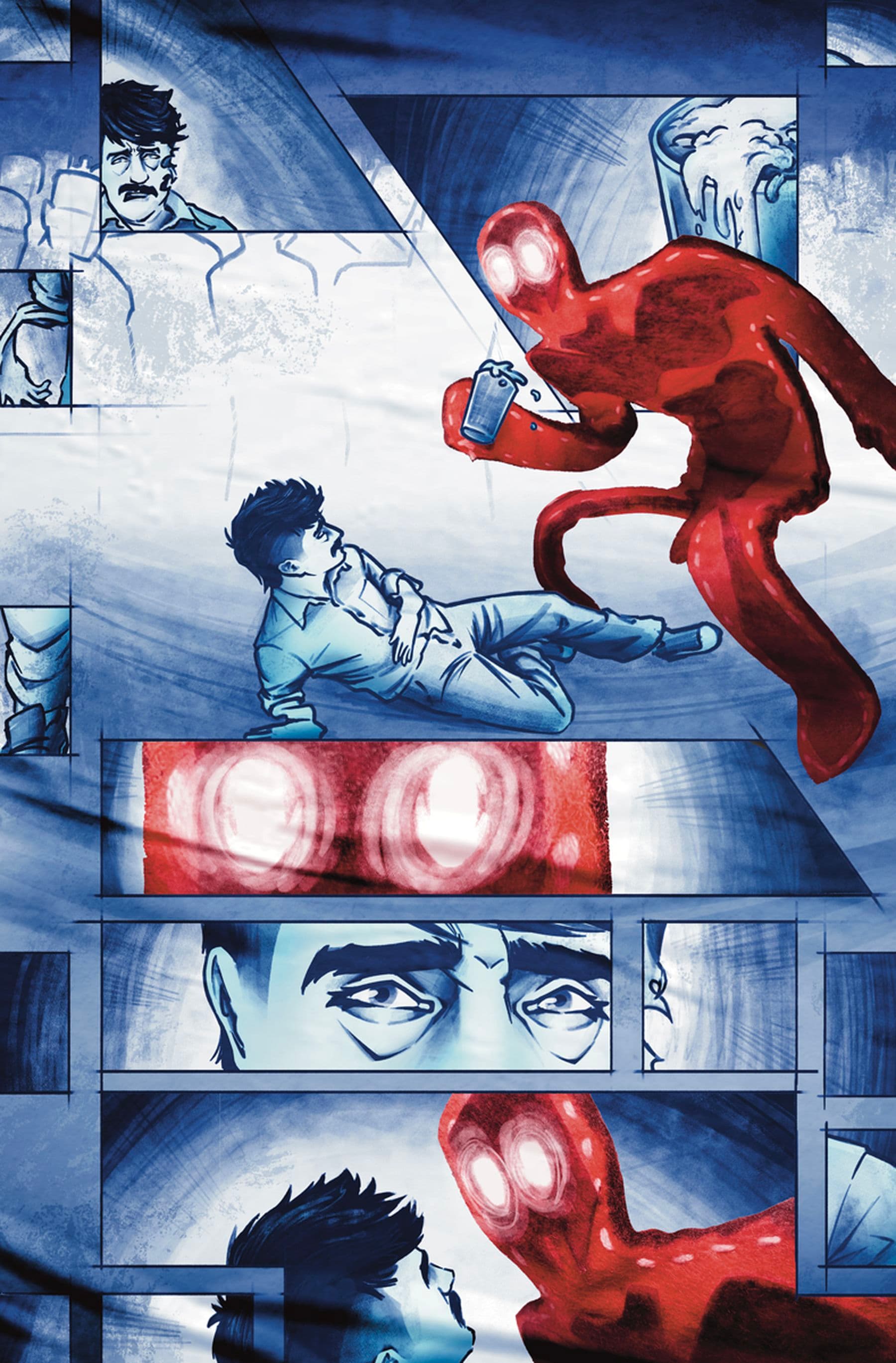 A comic-style illustration depicting a glowing red figure with a can approaching a seated man. Another man with glasses is in the background.