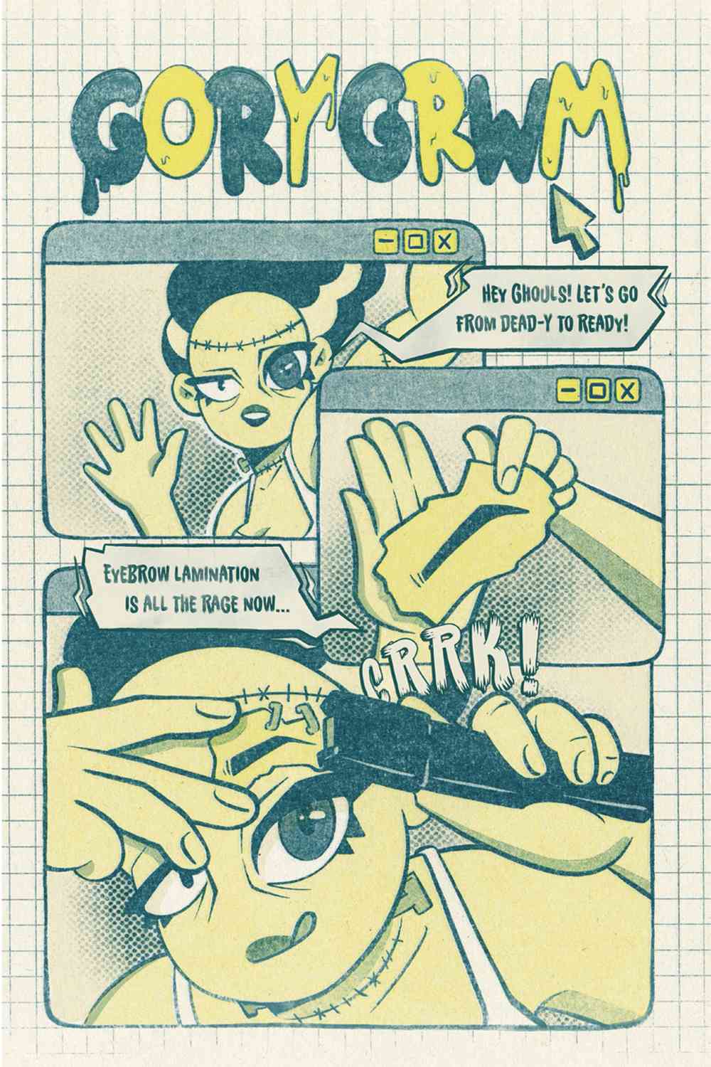 A comic-style illustration of a character demonstrating eyebrow lamination with a humorous Halloween theme, featuring spooky text and graphics.