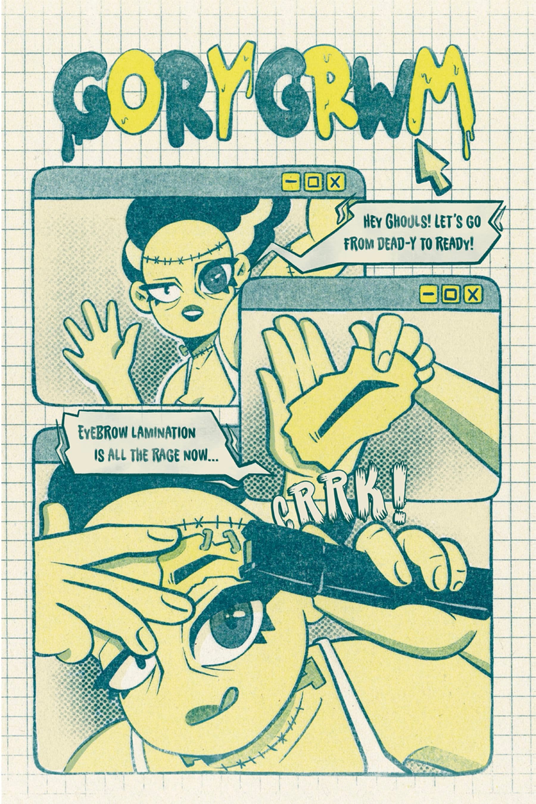 A comic-style illustration of a character demonstrating eyebrow lamination with a humorous Halloween theme, featuring spooky text and graphics.