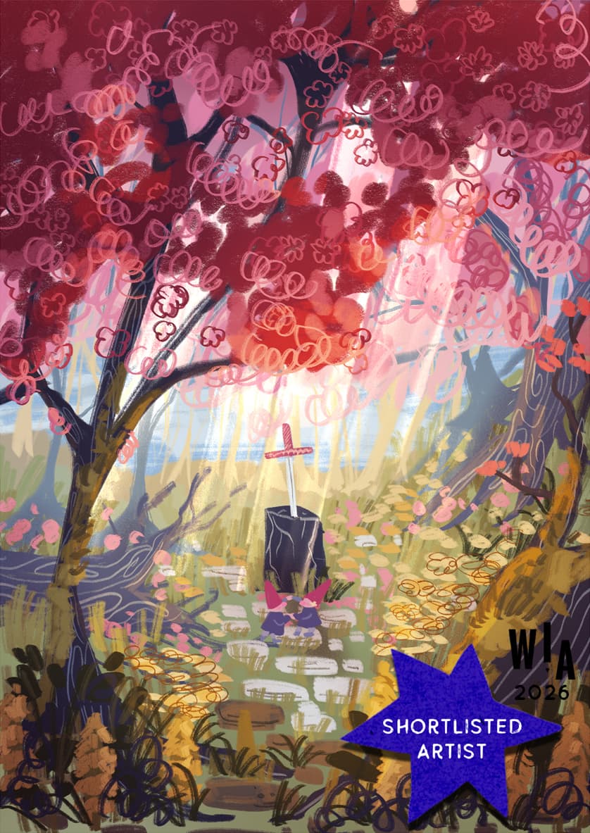 Woodland scene with autumnal leaves, and a sword in a tree stump. In the bottom right corner is a blue star containing the text "Shortlisted Artist".