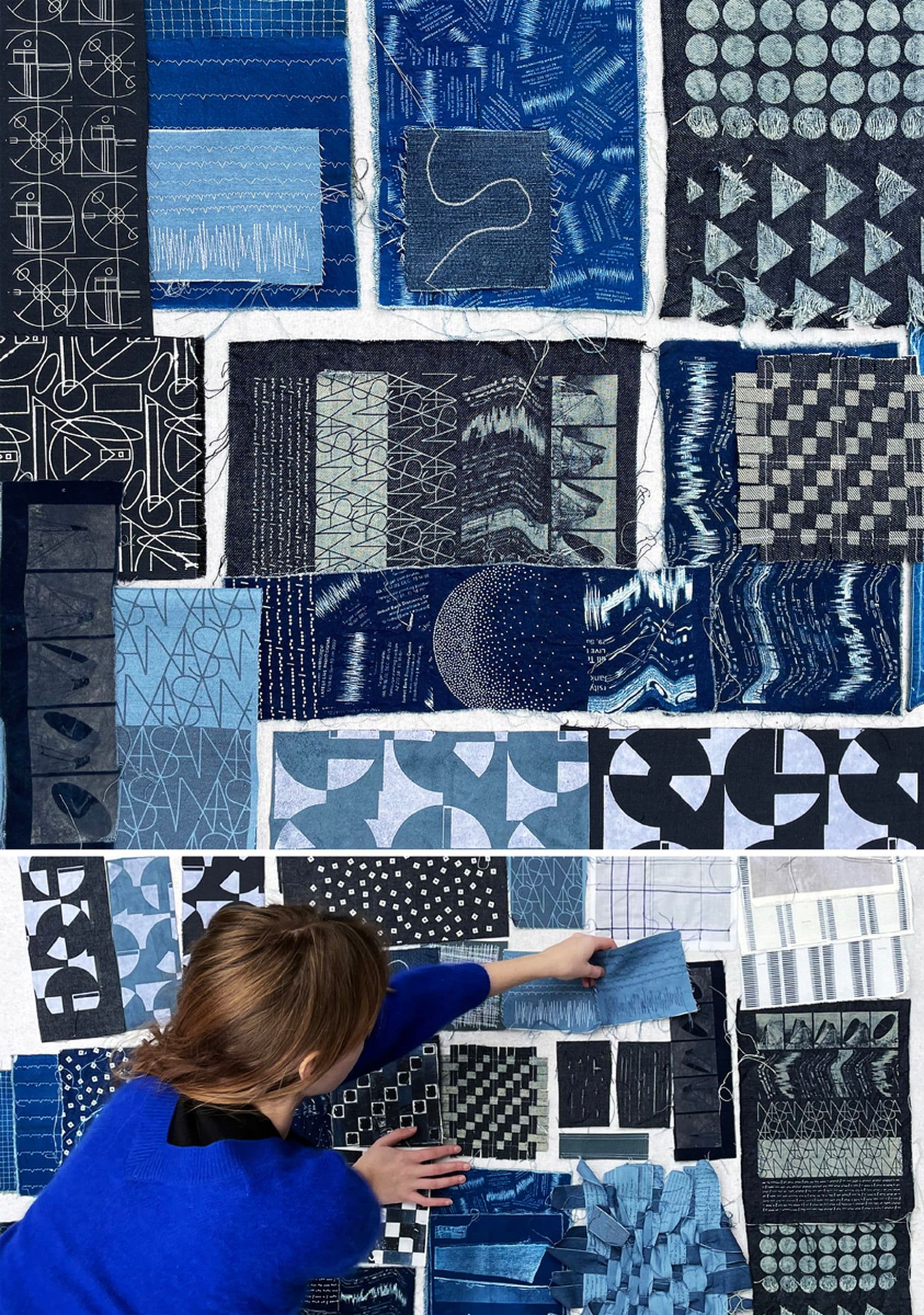 Two photographs featuring a collage of various blue fabrics placed together with different print and embroidered patterns. The second photograph shows a person placing a piece of fabric on the collage.