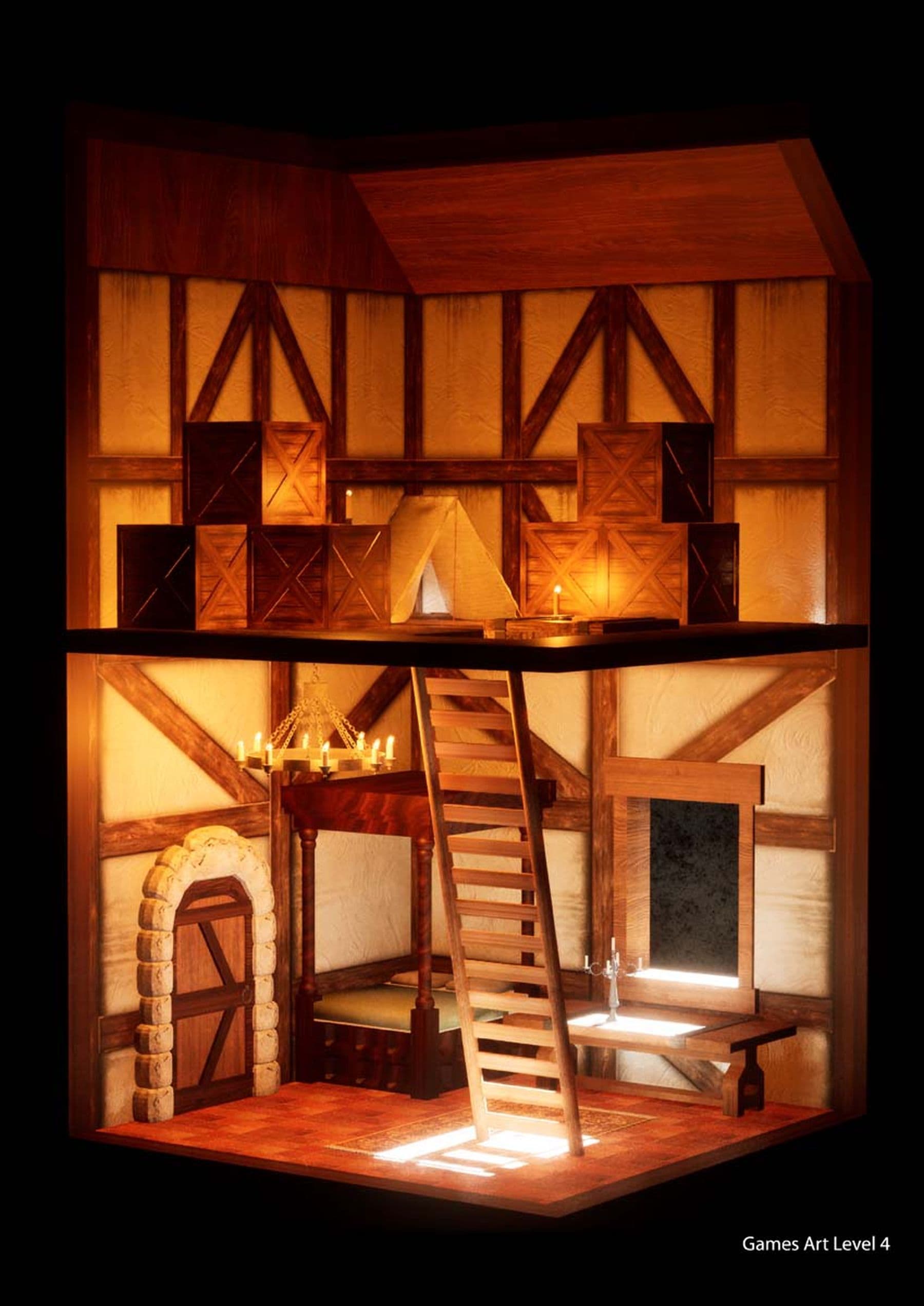 A digital drawing depicting a section of a two-story, old-fashioned house. On the ground floor, a four-poster bed is positioned next to a table with a candlestick, while a wrought iron chandelier hangs above. A wooden ladder leads to the upper storey, where a series of wooden boxes are stacked on top of each other next to a flickering candle on the floor.