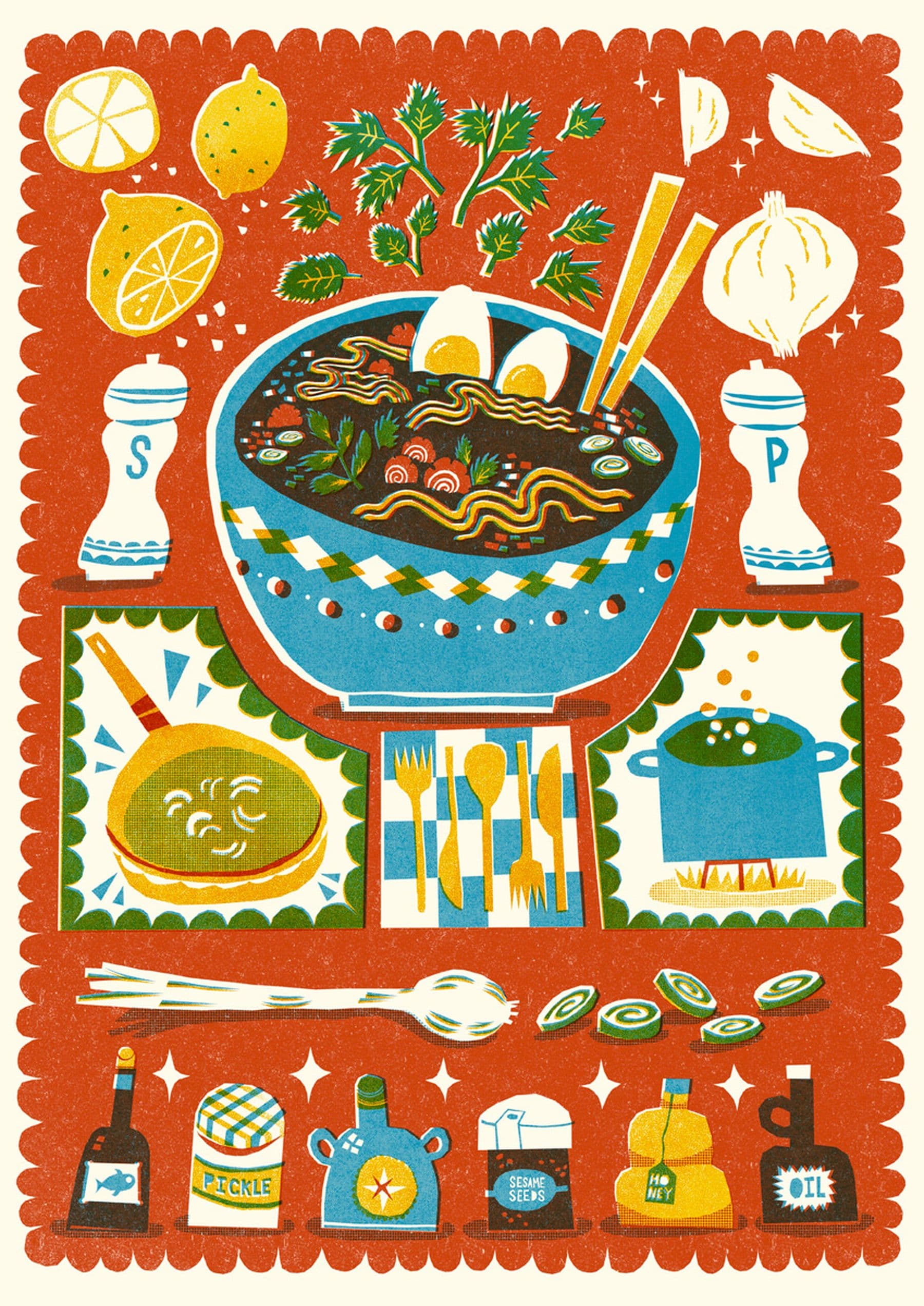 A digital illustration of a noodle soup bowl surrounded by spices and seasoning such as garlic, salt and pepper. There is also a saucepan, cutlery and a boiling pan underneath.