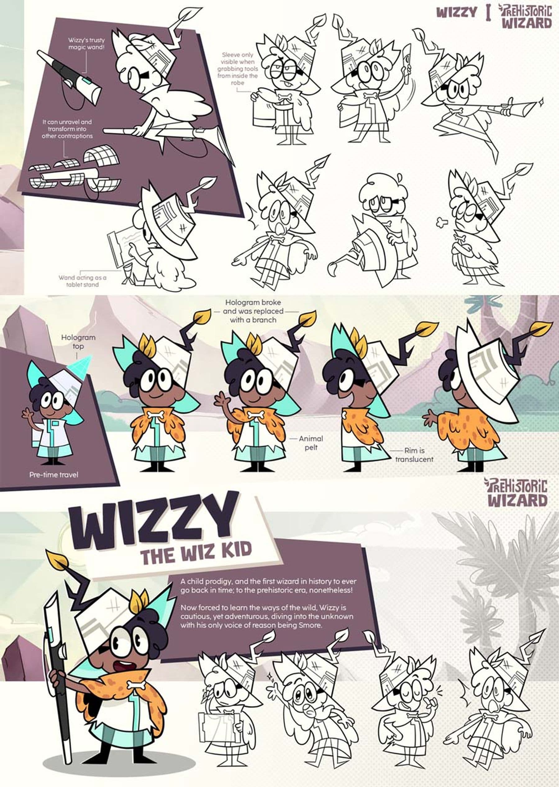 Designs of the cartoon character 'Wizzy the Wiz Kid' in various poses with details of a wand, hat, and prehistoric attire showcasing a time-travel theme.